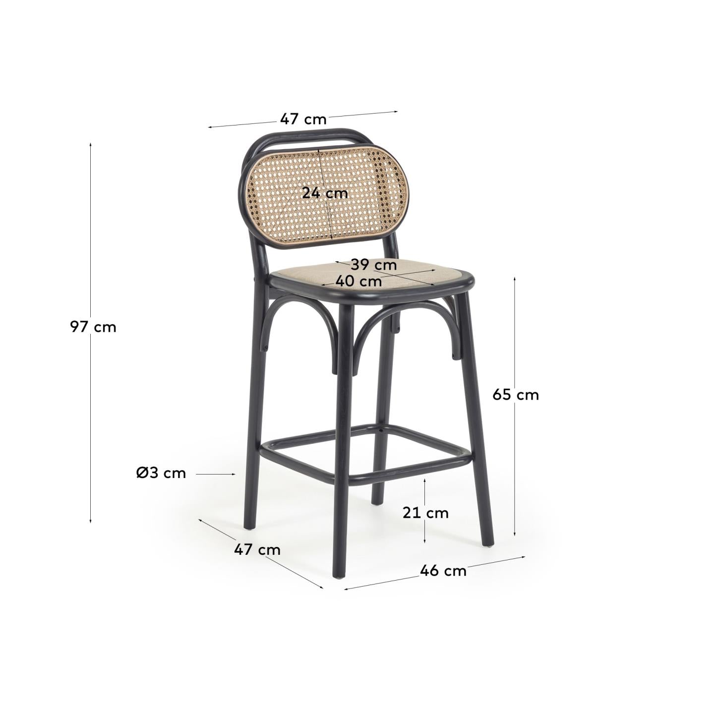 Doriane 65 cm height solid elm stool black lacquer finish and upholstered seat - Measurements