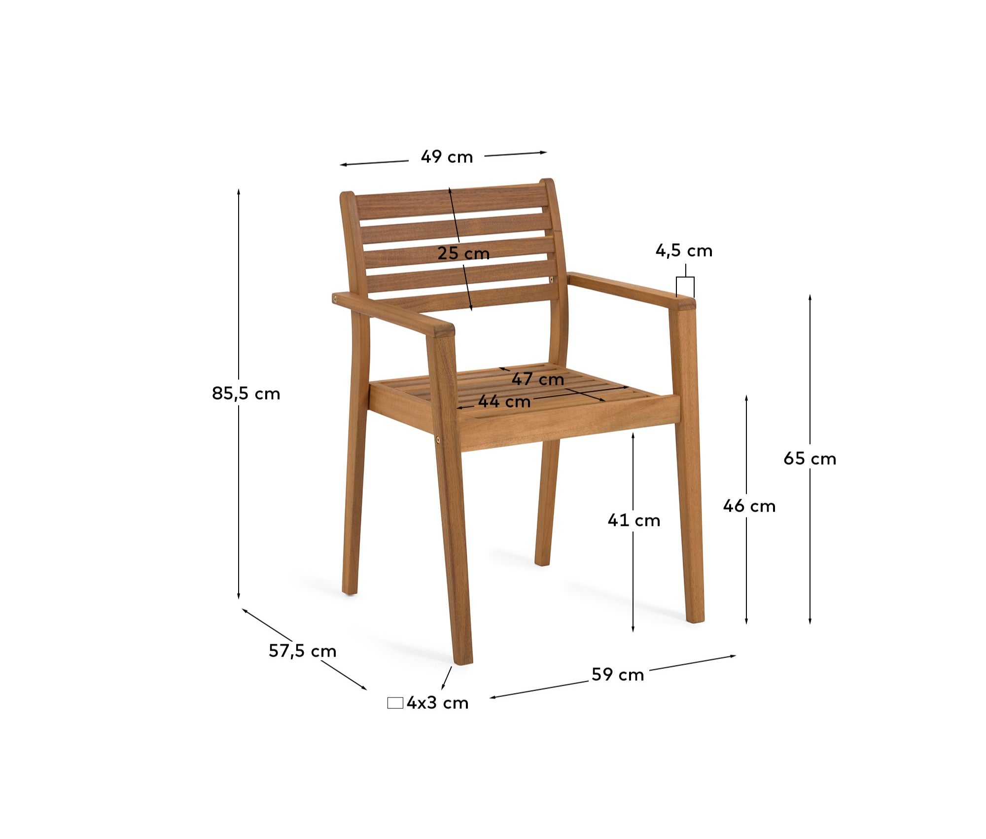 Hanzel stackable solid acacia wood garden chair FSC 100% - Measurements