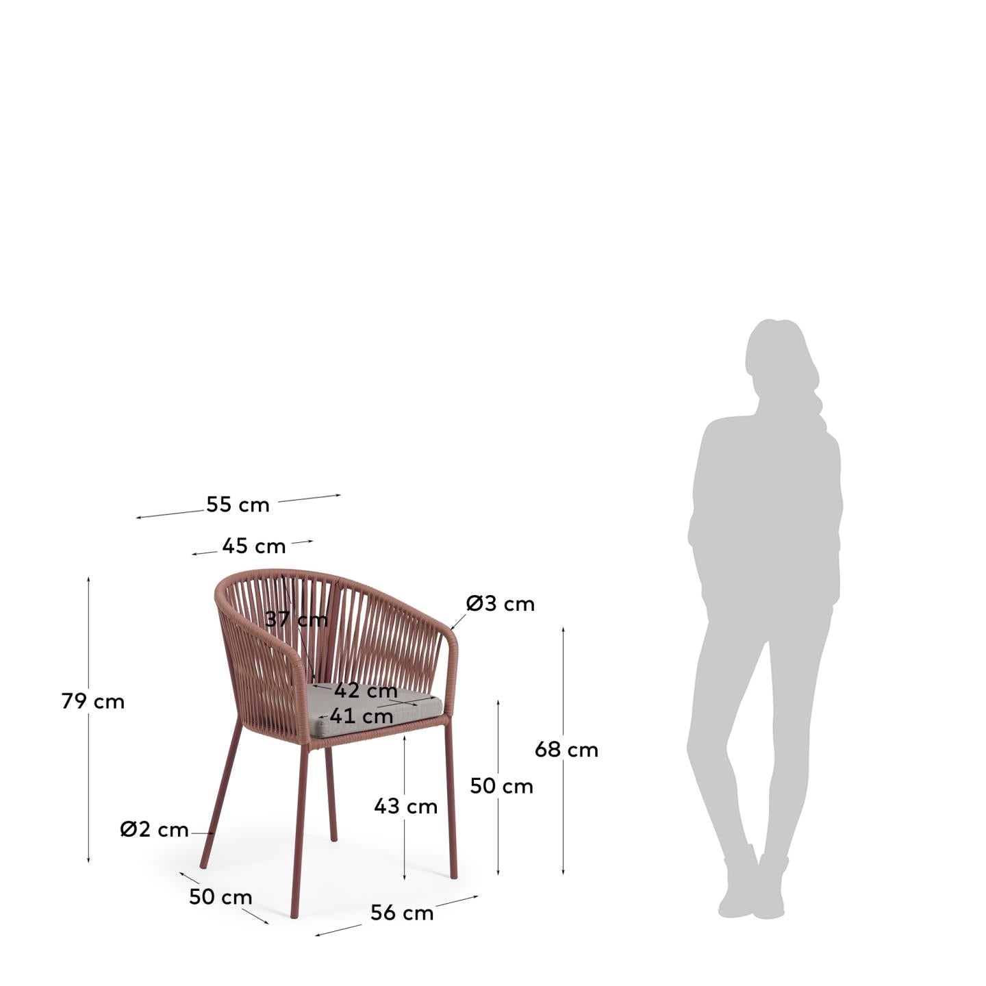 Yanet terracotta rope chair with galvanised steel legs - Measurements