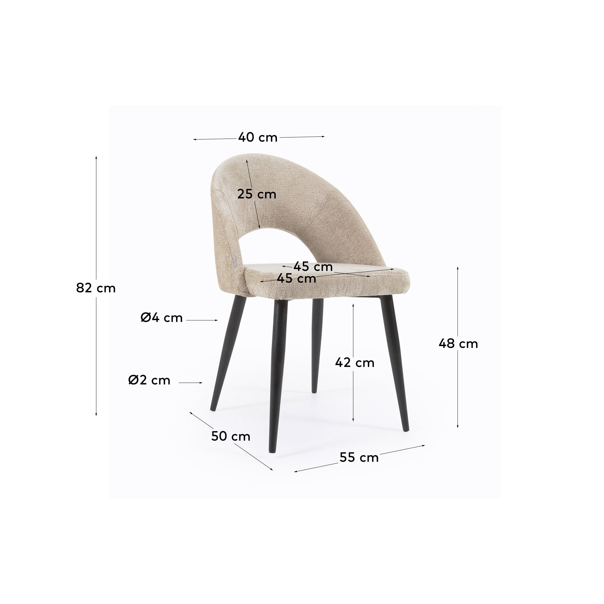 Beige chenille Mael chair with steel legs with black finish FSC 100% - Measurements