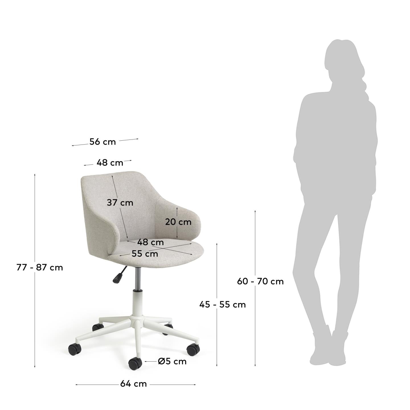 Einara light grey office chair and legs made of steel in matt white - Measurements