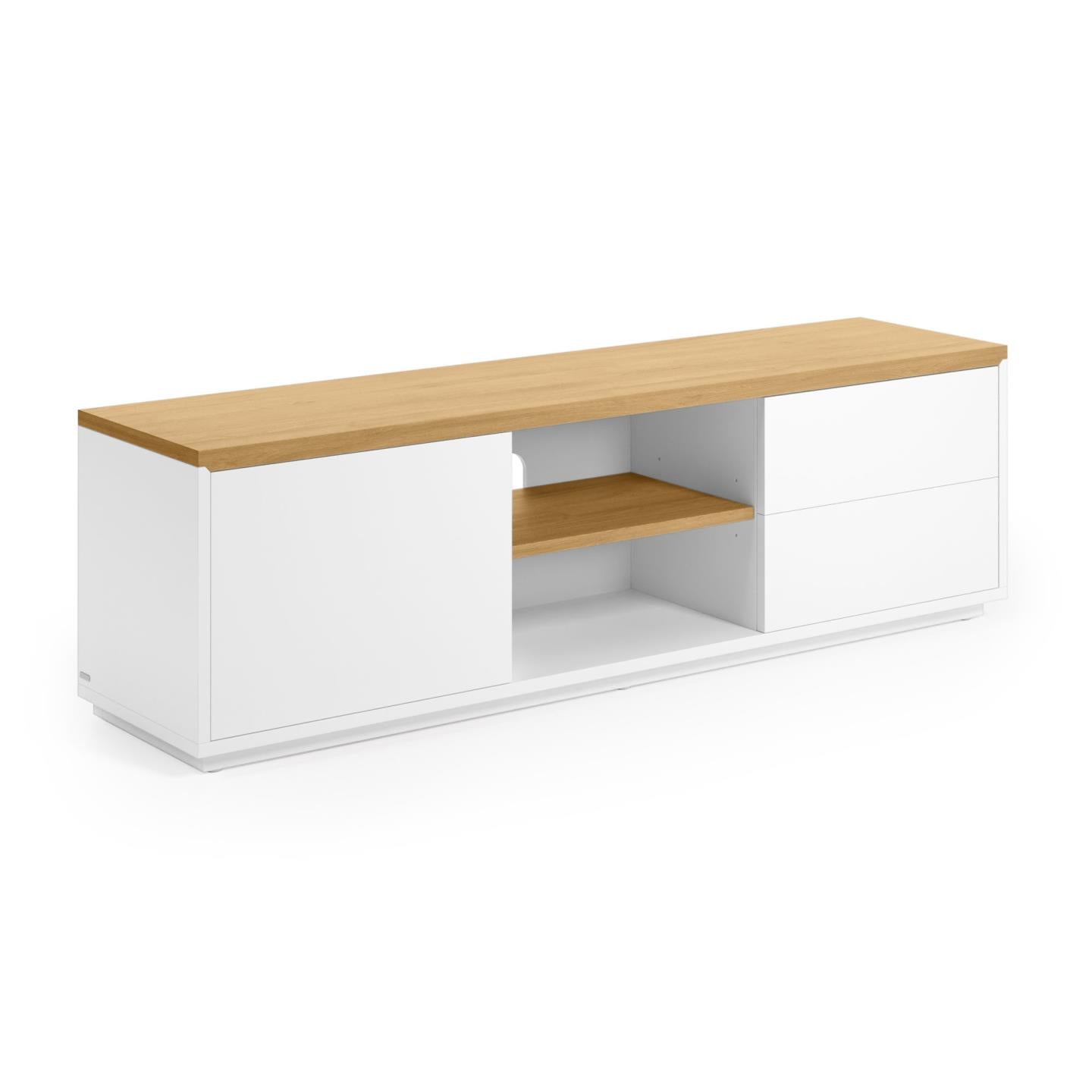 Abilen oak wood veneer TV stand with 1 door & 2 drawers in white lacquer, 150 x 44 cm FSC 100% - Product Image
