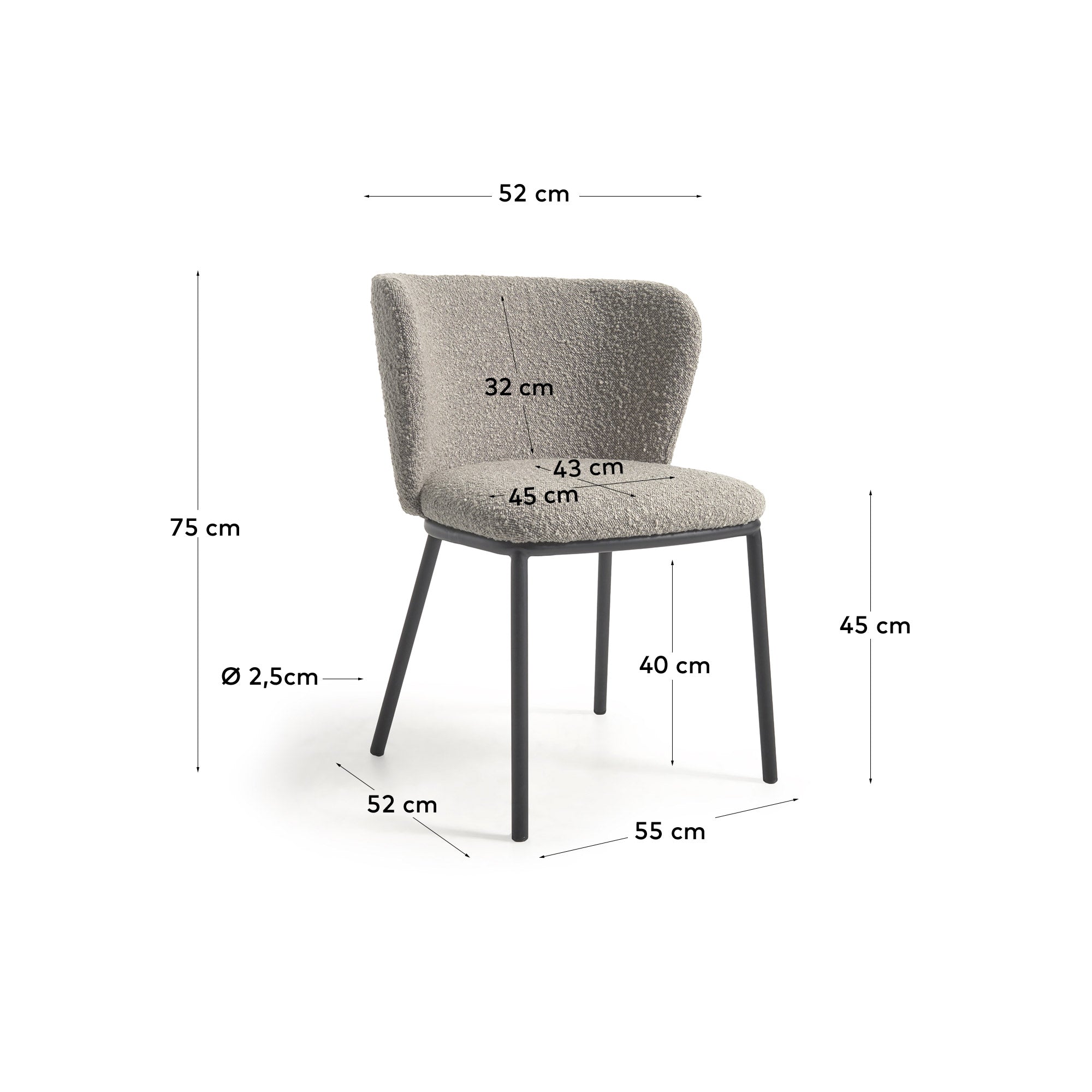 Ciselia chair with light grey bouclé and black metal FR - Measurements