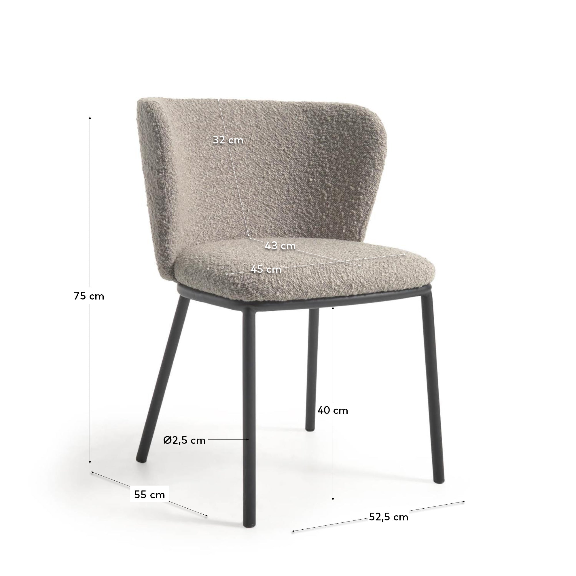 Ciselia chair with light grey bouclé and steel legs with black finish FSC Mix Credit - Measurements
