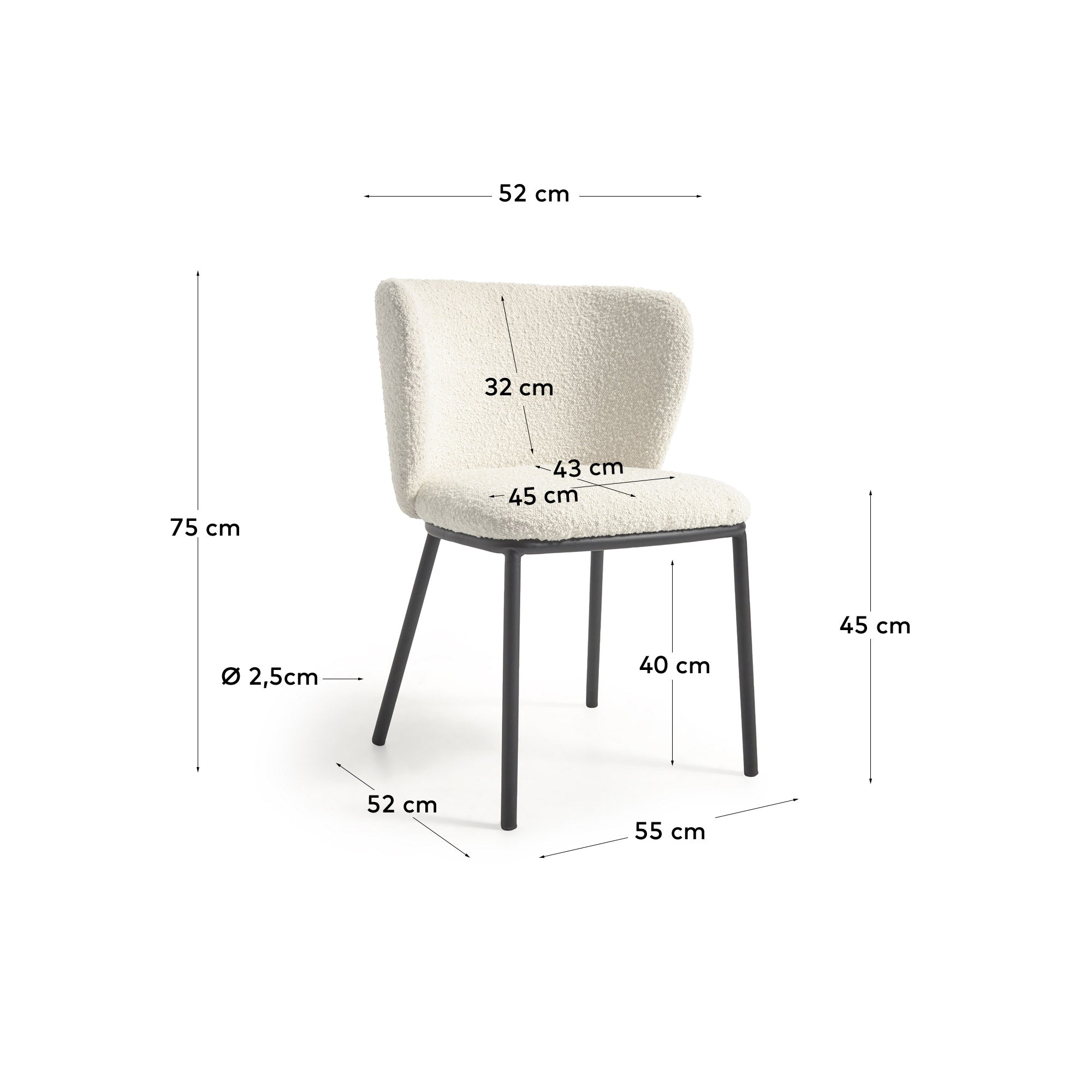 Ciselia chair with white bouclé and black metal FR - Measurements