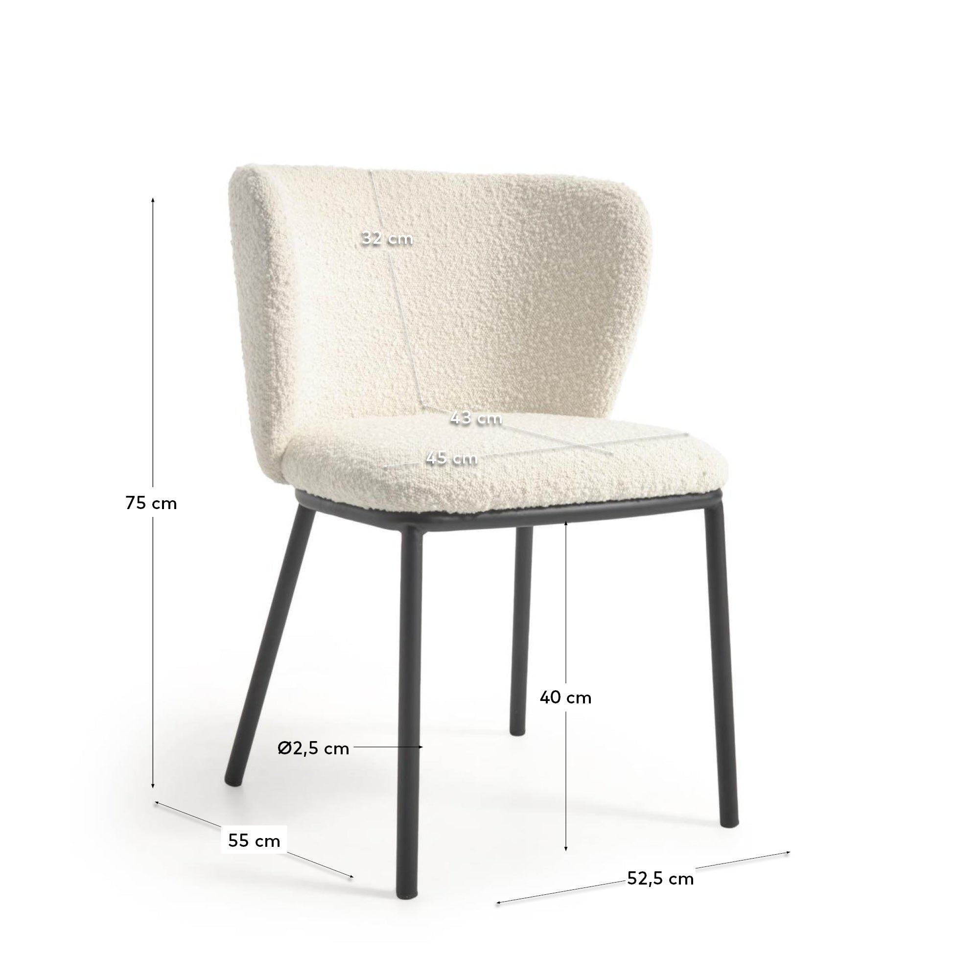 Ciselia chair with white bouclé and steel legs with black finish FSC Mix Credit - Measurements
