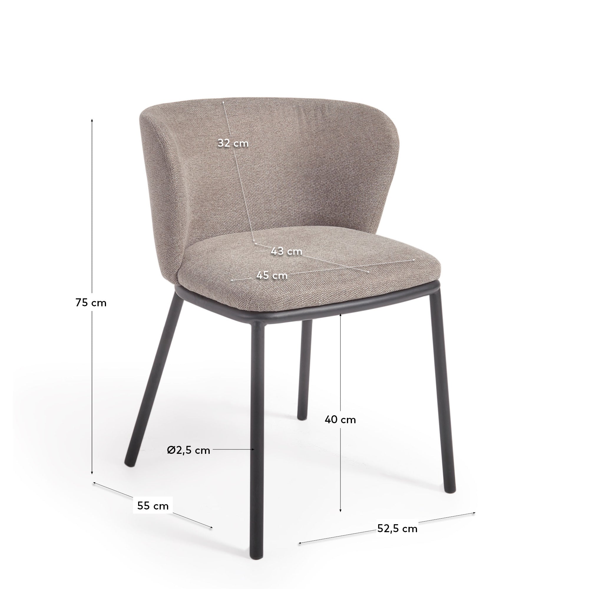 Ciselia chair in light brown chenille and steel legs with black finish FSC Mix Credit - Measurements