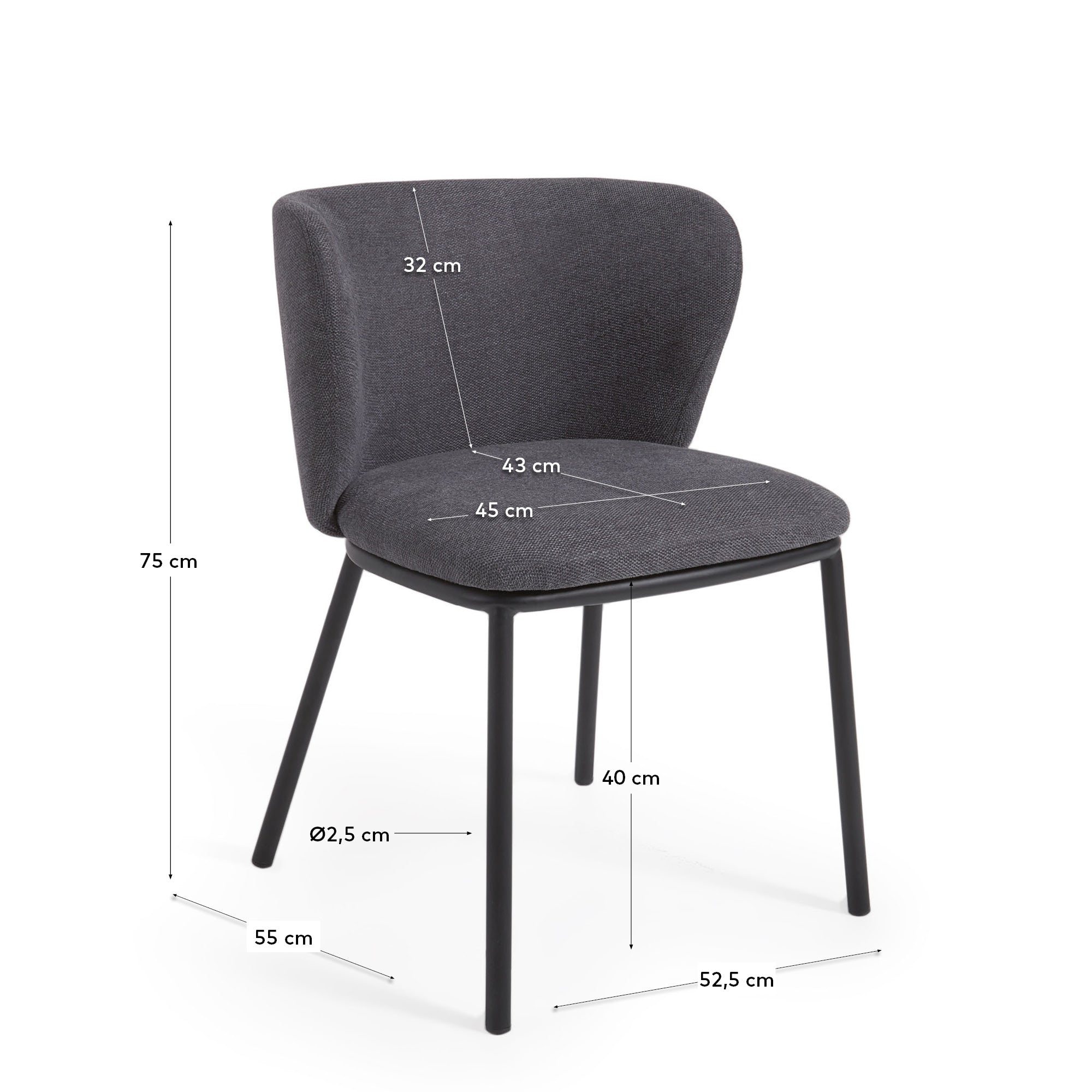 Ciselia chair in dark grey chenille and steel legs with black finish FSC Mix Credit - Measurements
