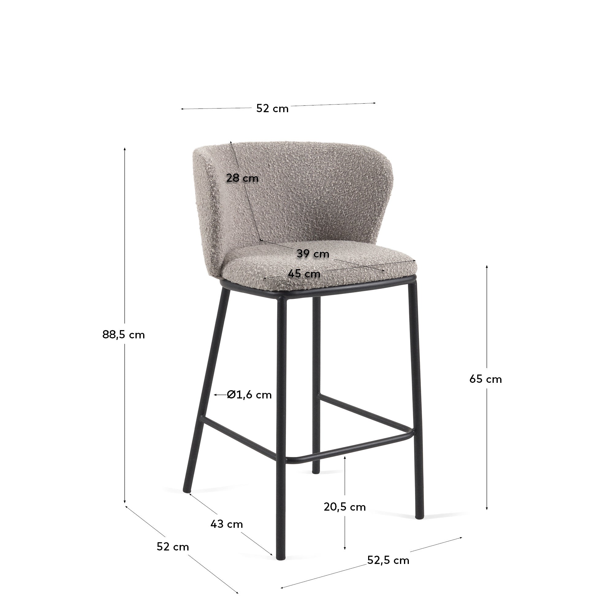 Ciselia stool with light grey bouclé and black steel legs height 65 cm FSC Mix Credit - Measurements