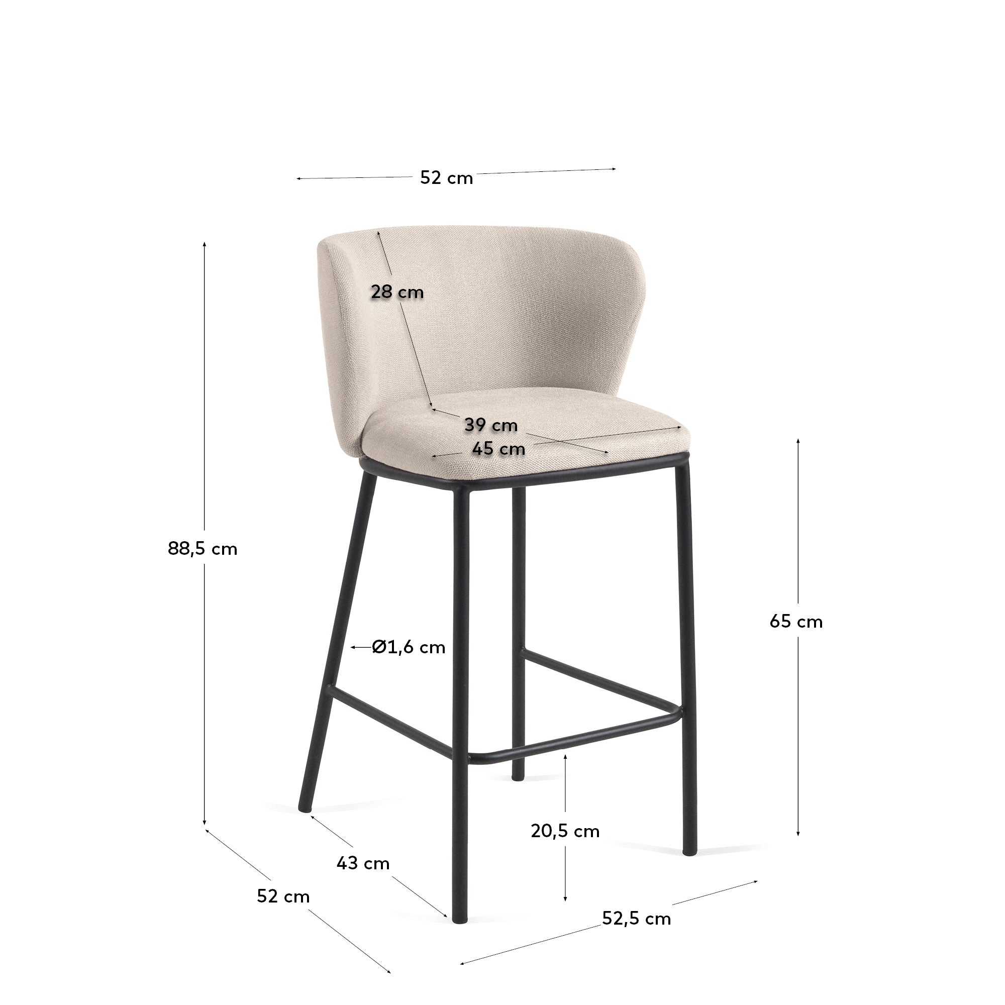 Ciselia stool in beige chenille with steel legs in black 65 cm height FSC Mix Credit - Measurements