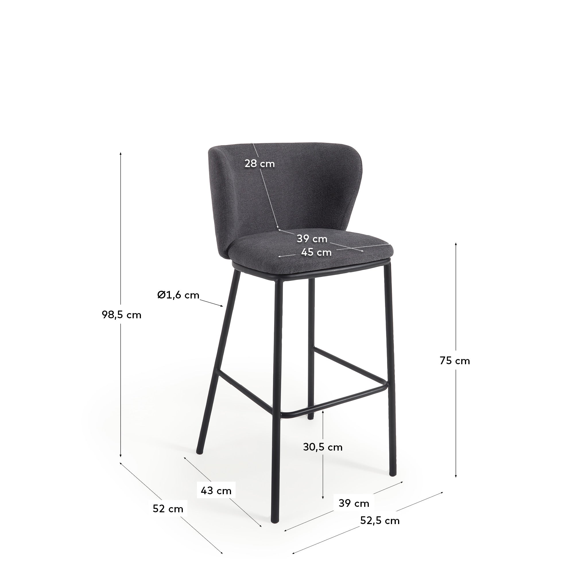 Ciselia stool in dark grey chenille and black steel legs 75 cm FSC Mix Credit - Measurements