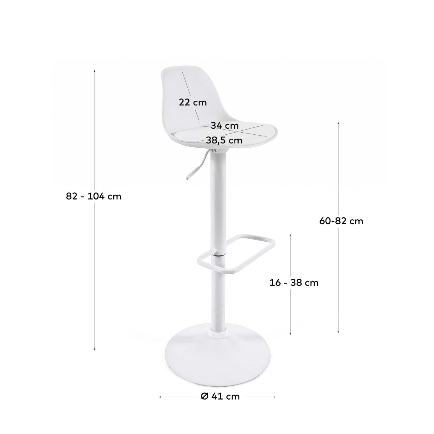 Orlando-T barstool white synthetic leather and matt white steel 60-82 cm - Measurements