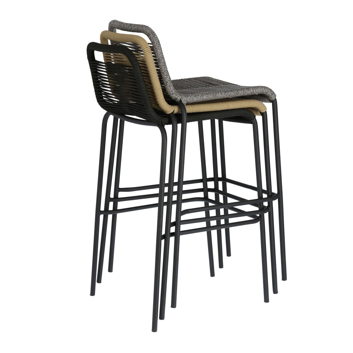 Lambton stackable stool in black rope and black finish steel, 74 cm - Product Image