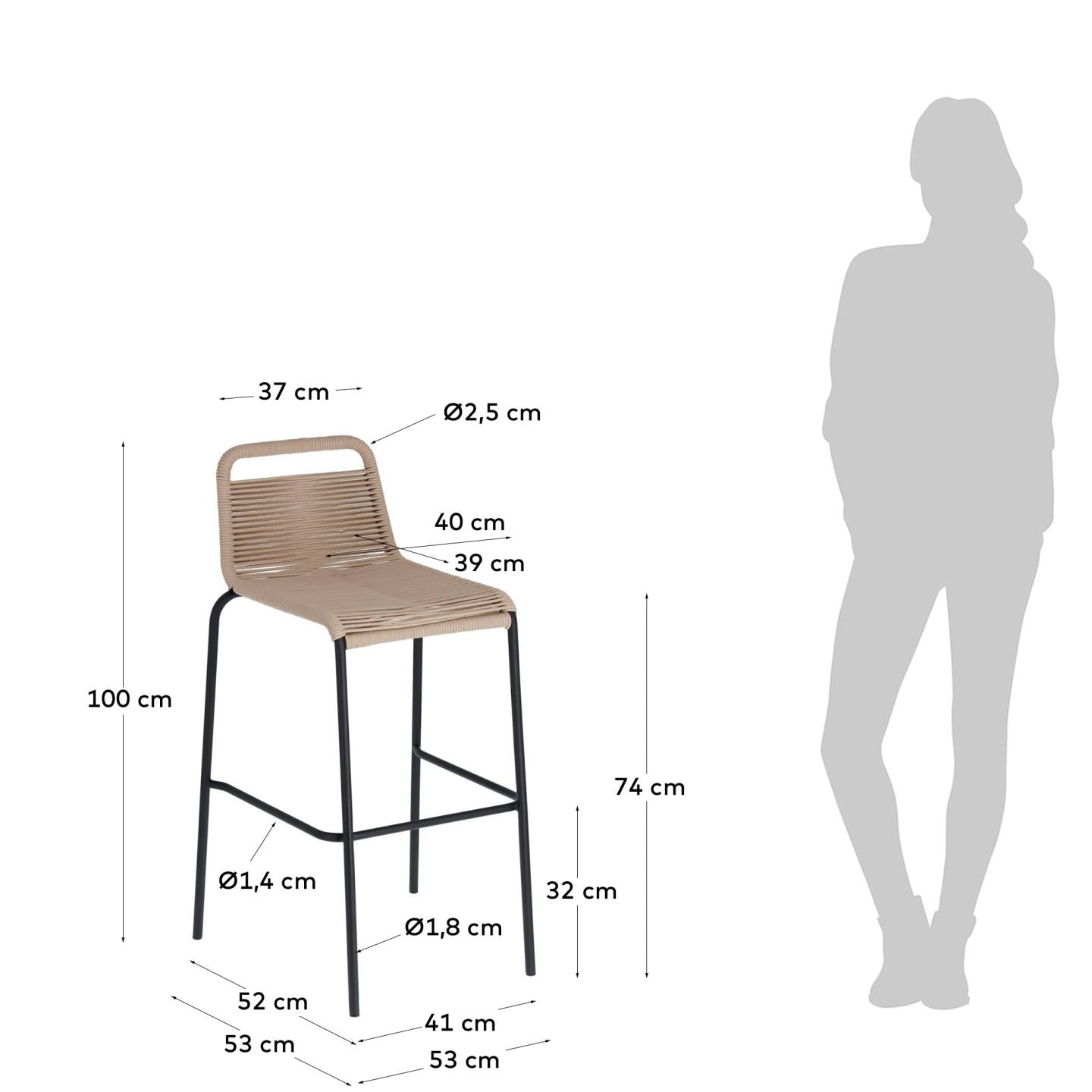 Lambton stackable stool in brown rope and black finish steel 74 cm - Measurements