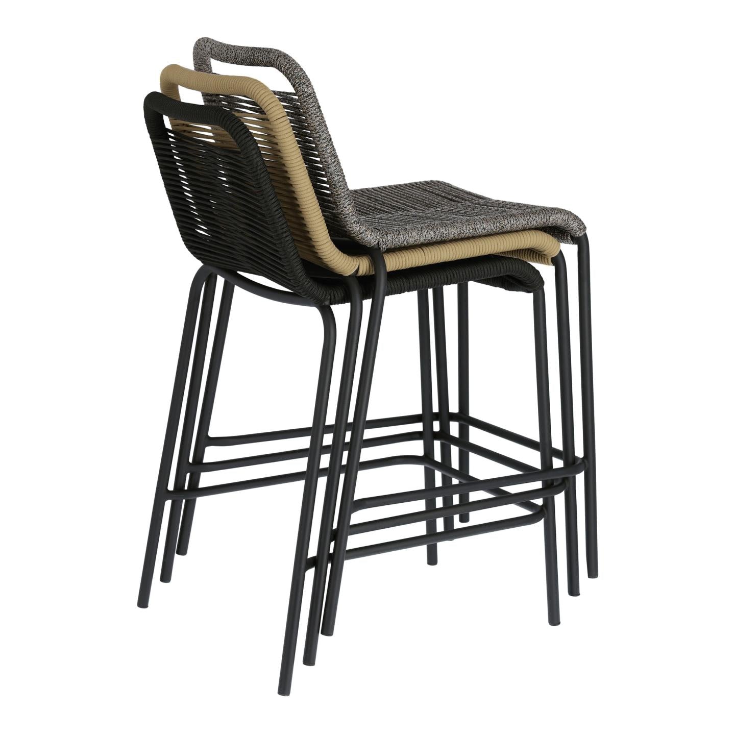 Lambton stackable stool in black rope and black finish steel, 62 cm - Product Image