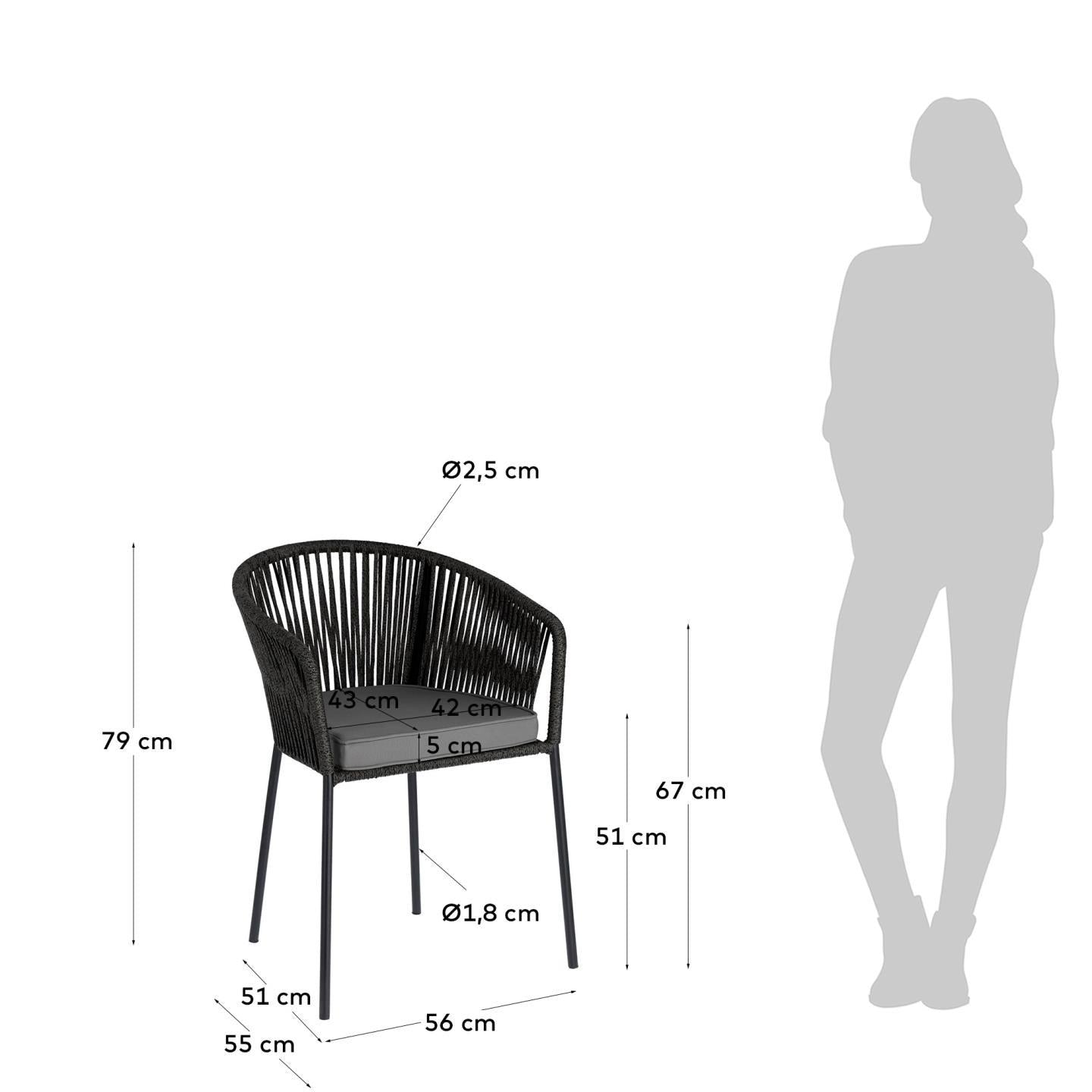 Yanet black rope chair with galvanised steel legs - Measurements