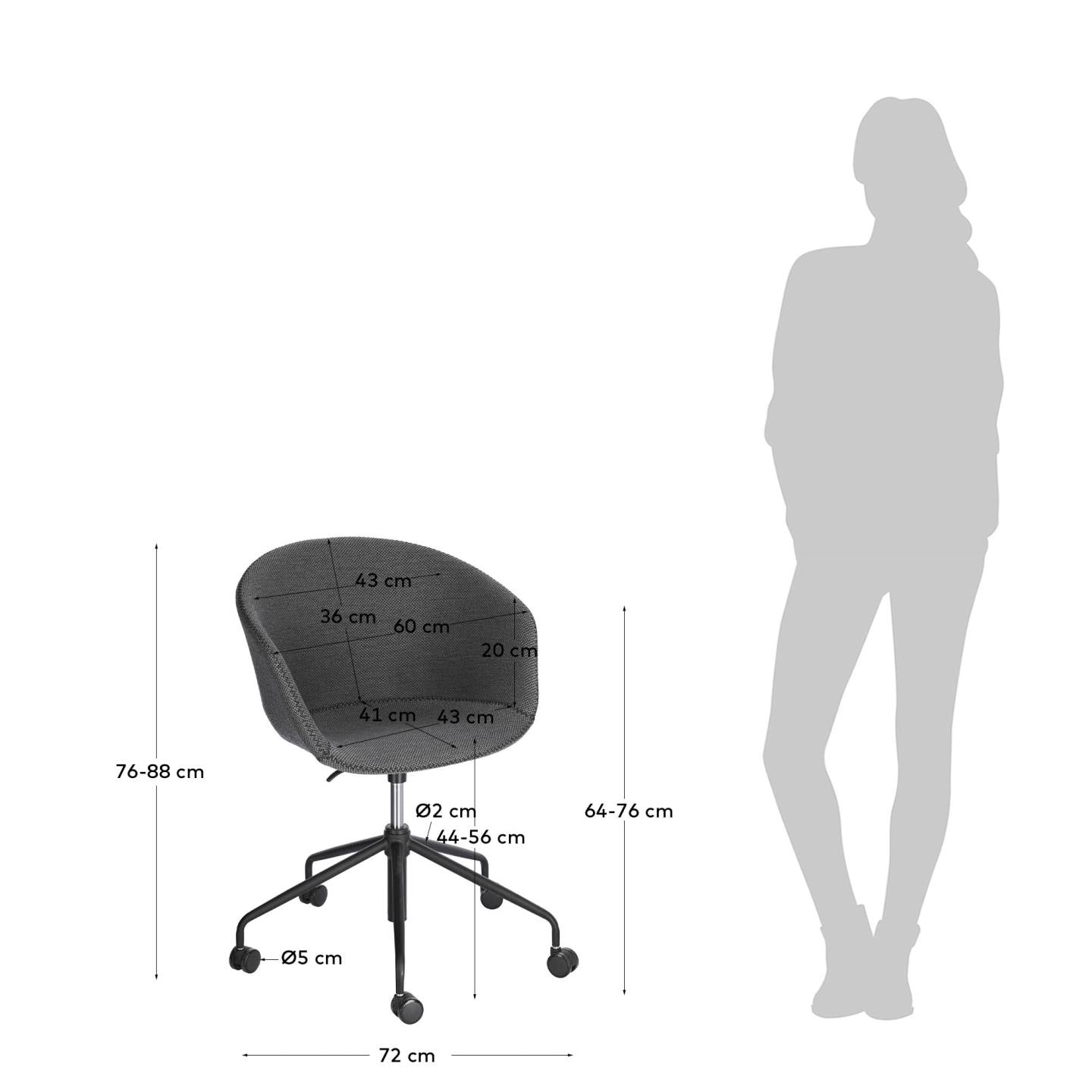 Yvette dark grey office chair - Measurements