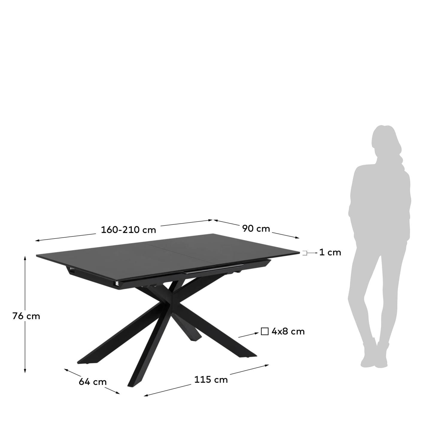 Atminda extendable glass table with steel legs with black finish 160 (210) x 90 cm - Measurements