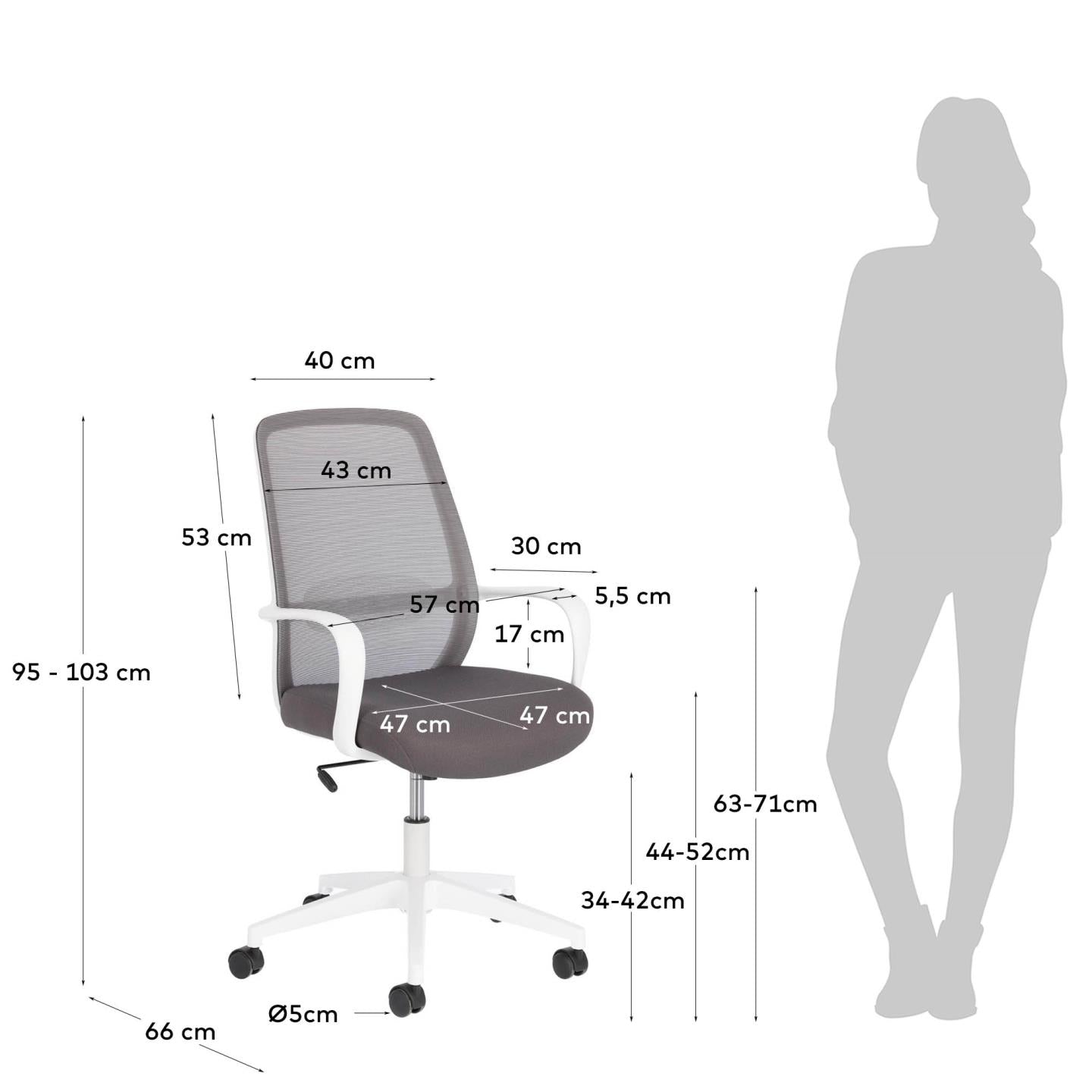 Melva office chair in grey and legs made of steel in white - Measurements