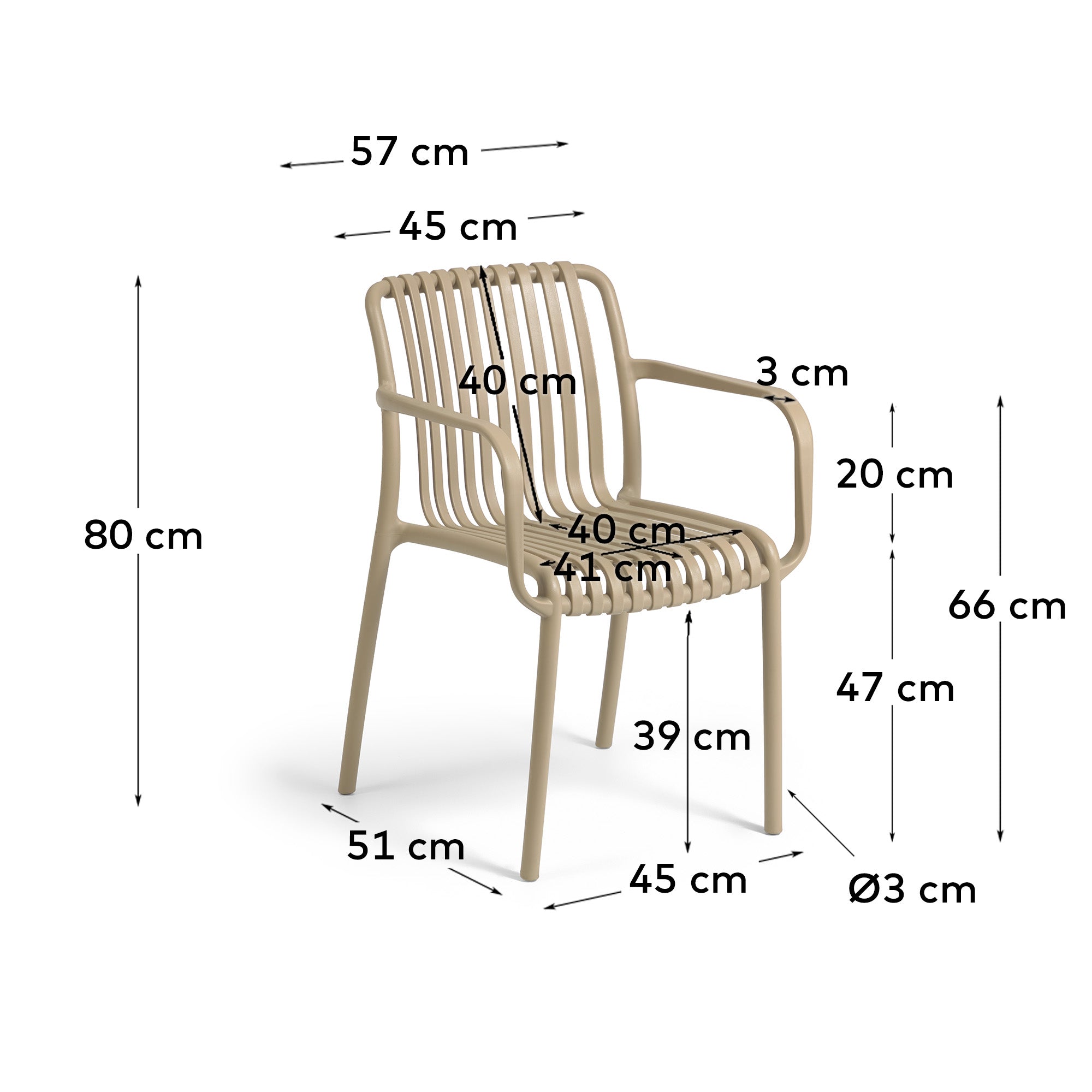 Isabellini stackable outdoor chair in beige - Measurements