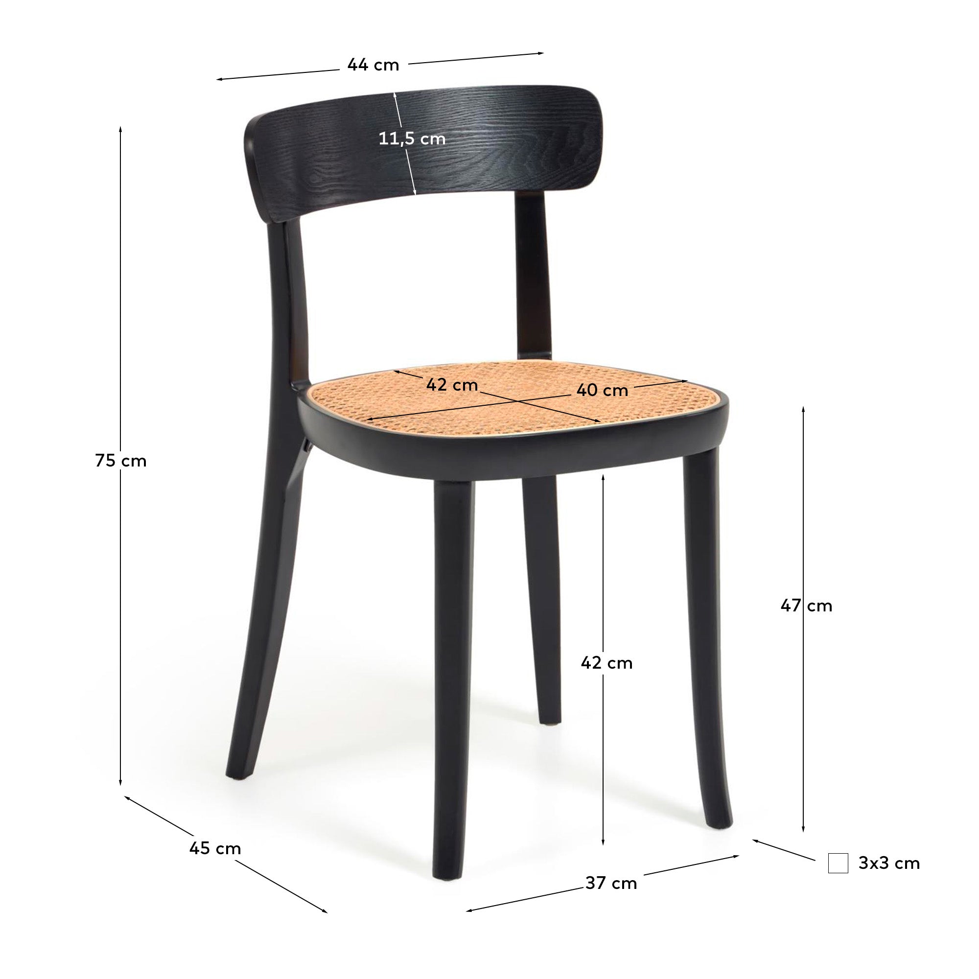 Romane chair in solid beech with black finish, ash veneer and rattan - Measurements