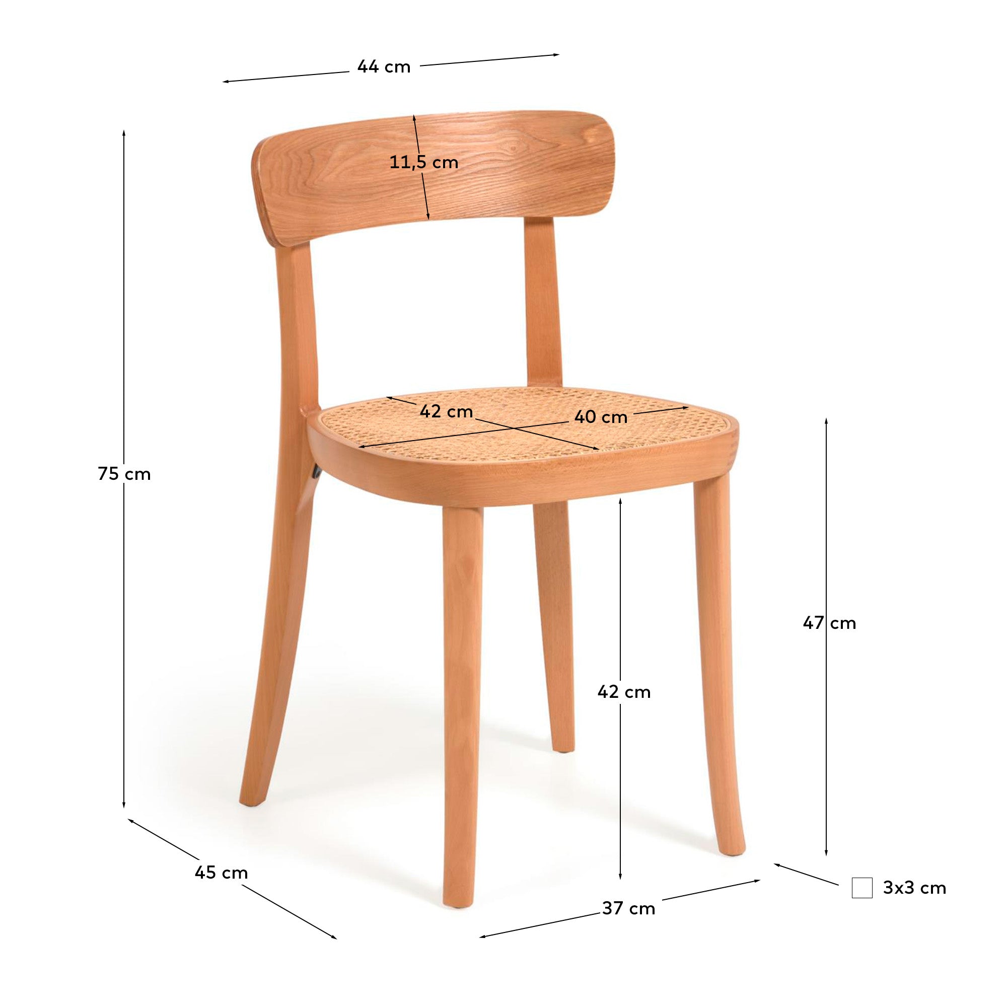 Romane chair in solid beech with natural finish, ash veneer and rattan - Measurements