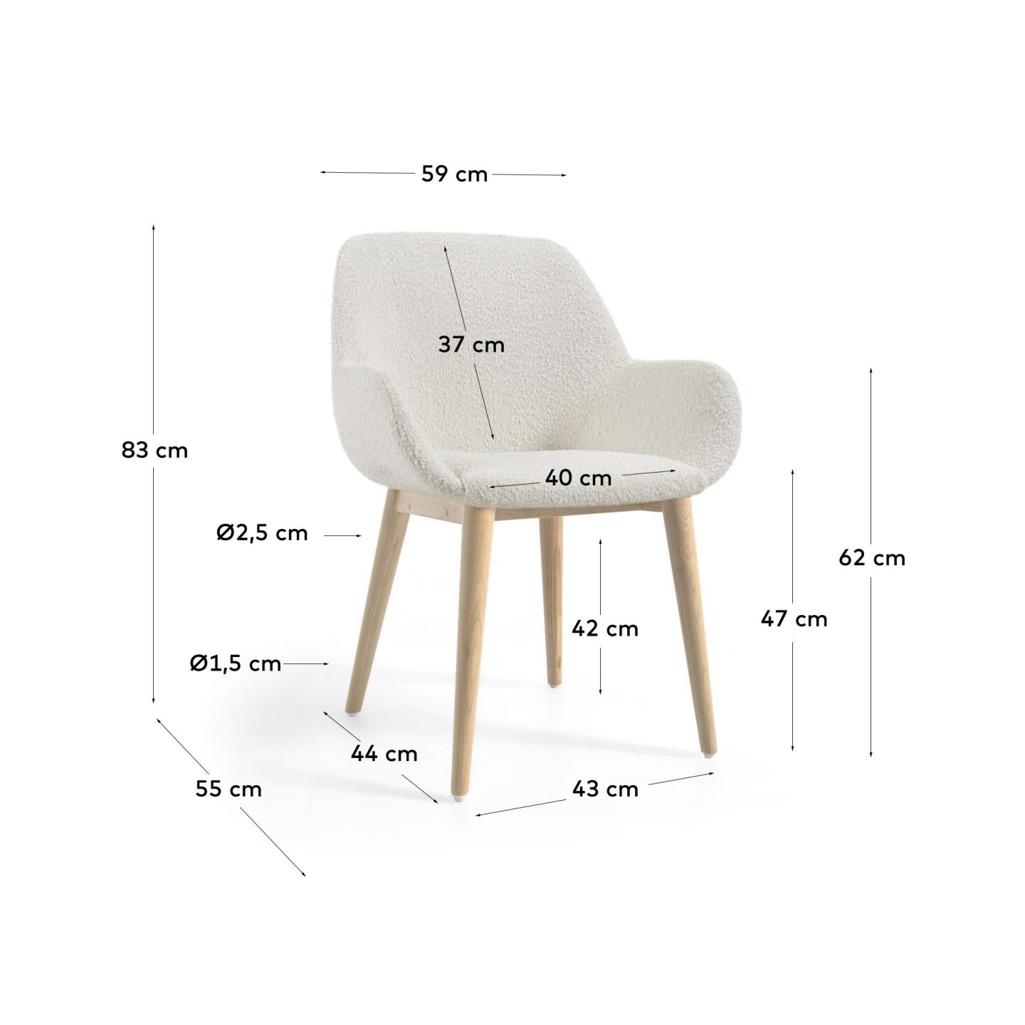 Konna chair in white bouclé with solid ash wood legs in a natural finish - Measurements