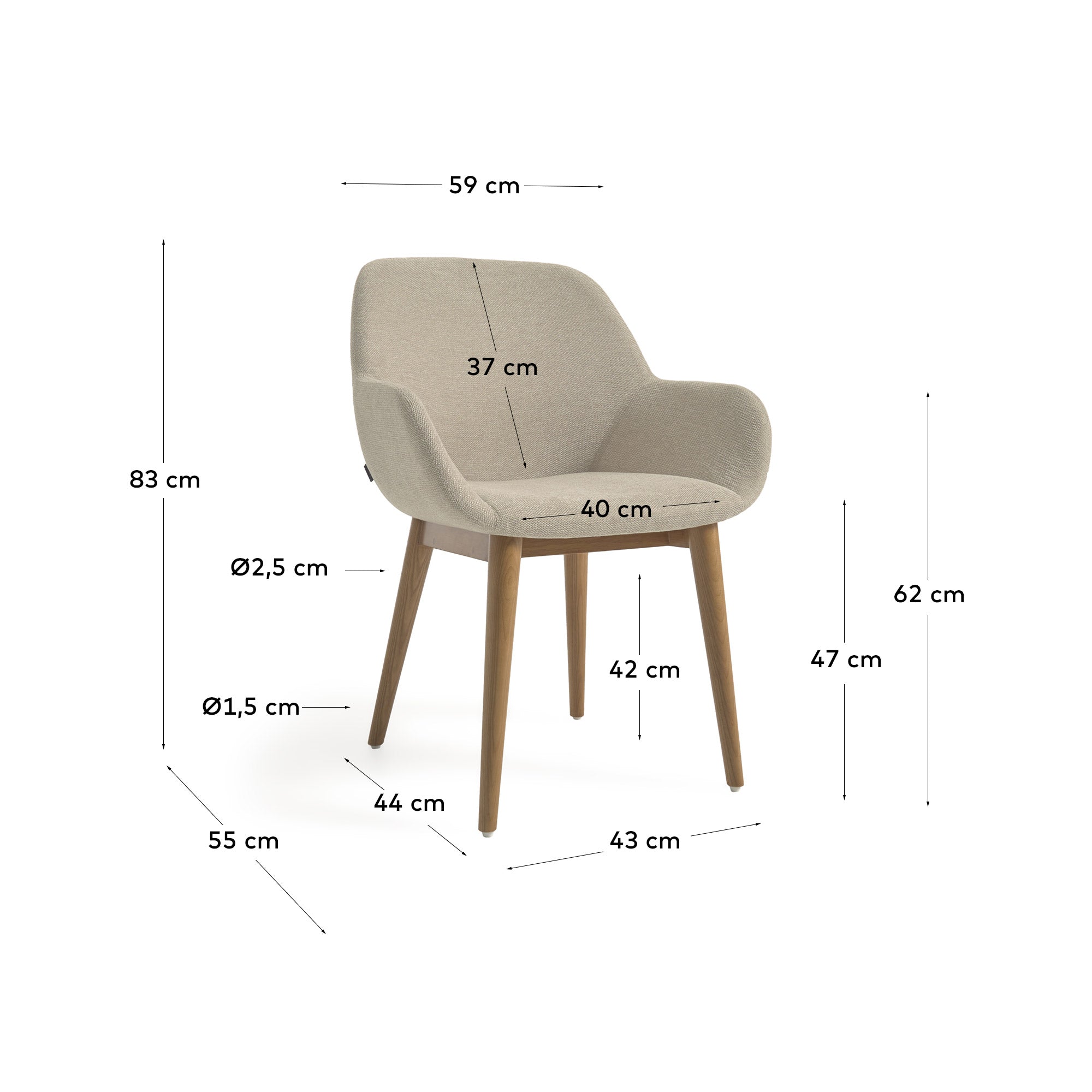 Konna chair in beige with solid ash wood legs in a dark finish FR - Measurements