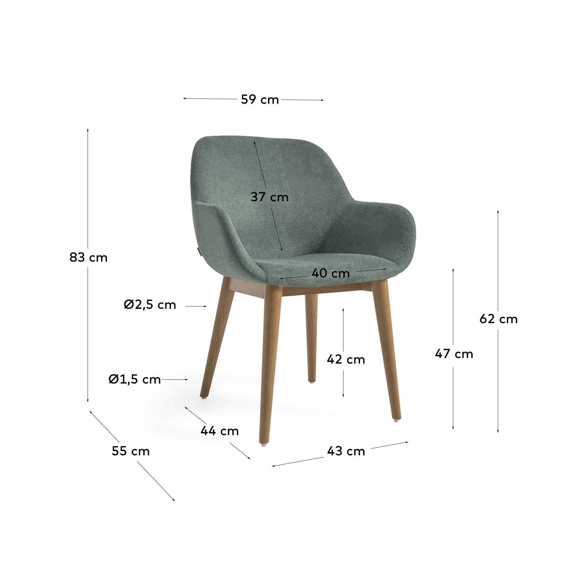 Konna chair in green with solid ash wood legs in a dark finish FR - Measurements