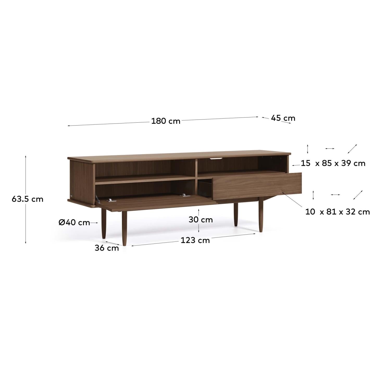 Carolin walnut wood veneer single door & drawer TV stand, 180 x 63.5 cm - Measurements
