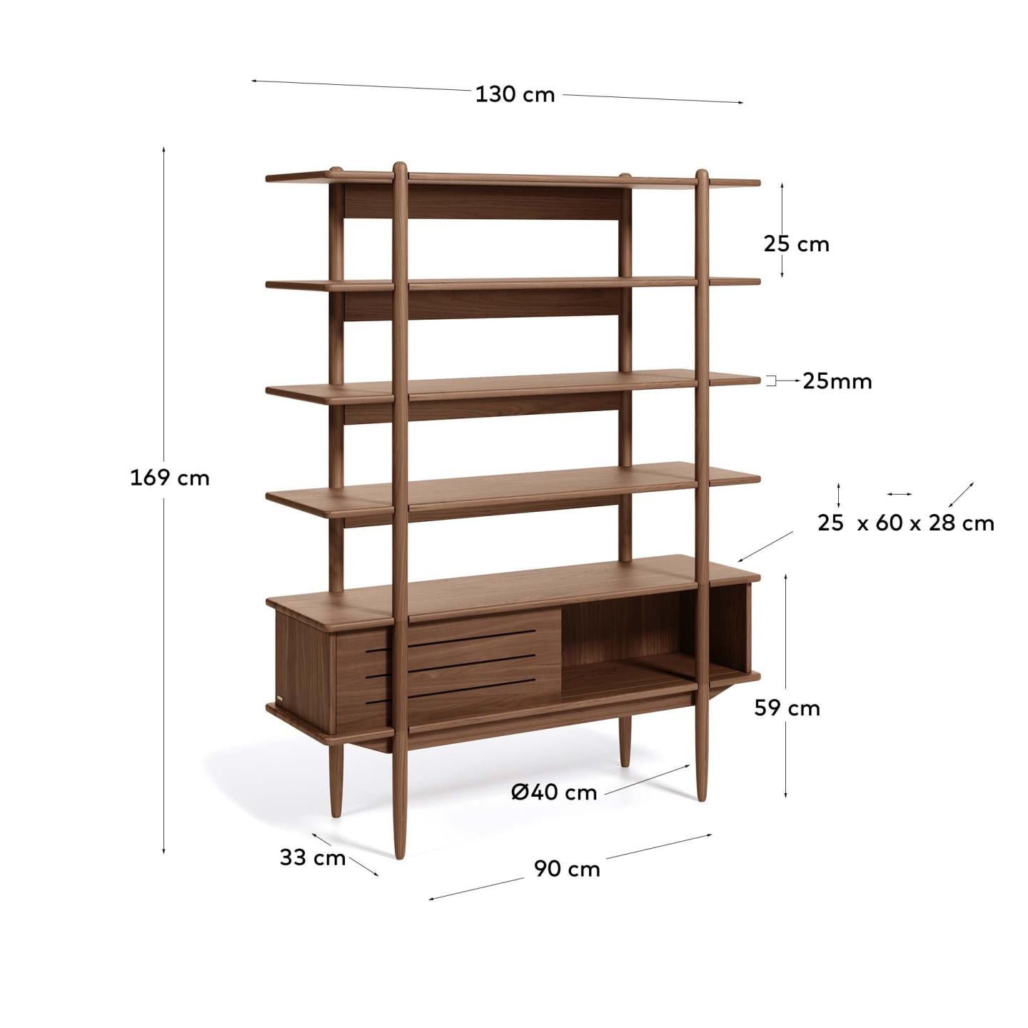 Carolin in veneered walnut shelf unit 130 x 169 cm - Measurements
