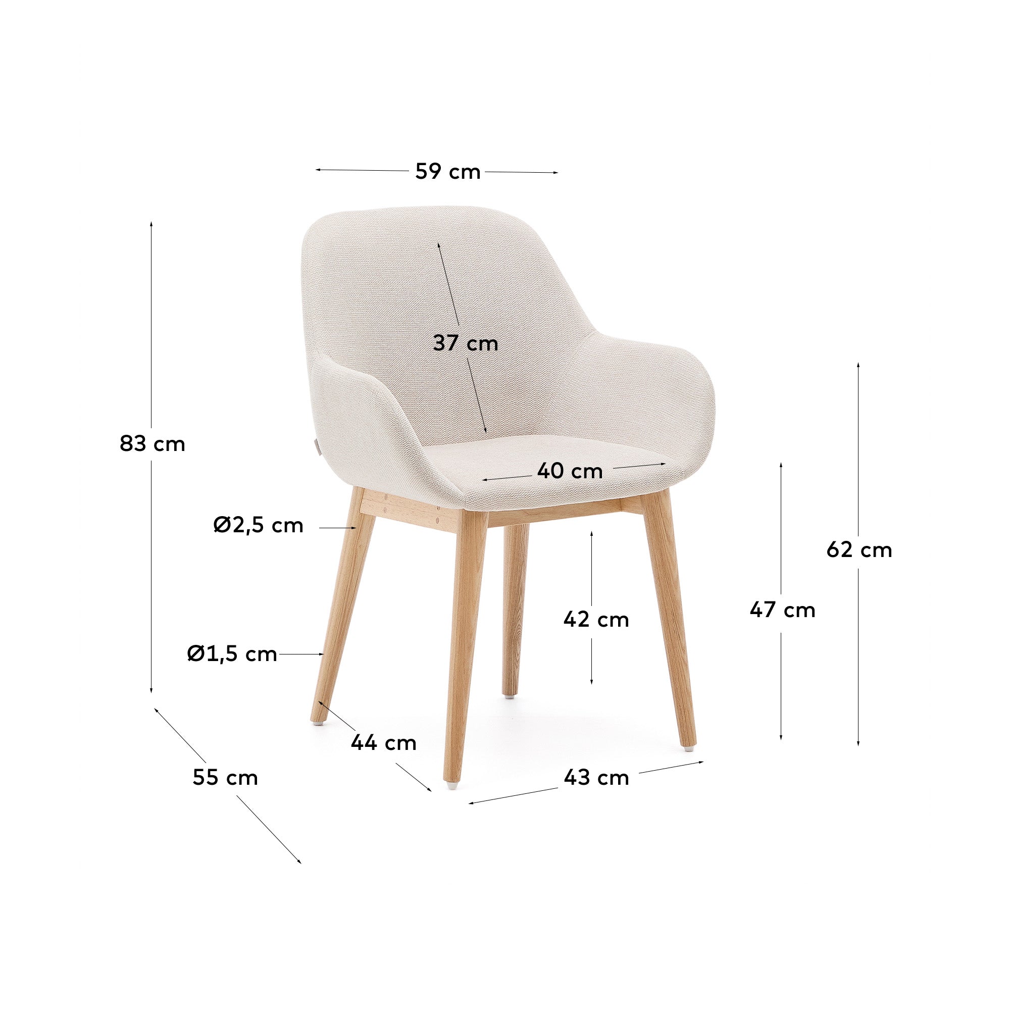 Konna chair in beige with solid ash wood legs in a natural finish - Measurements