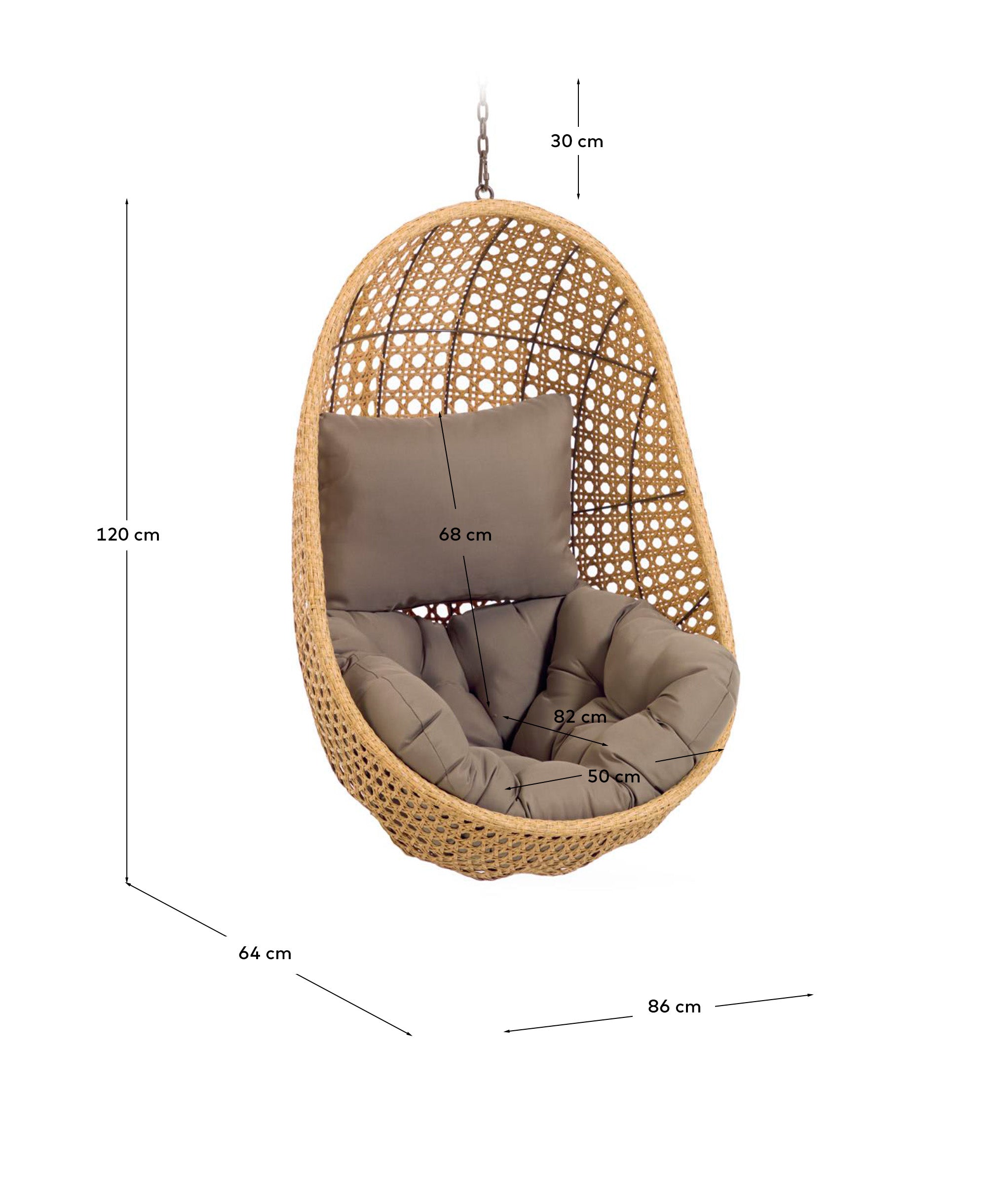 Cira hanging chair with natural finish - Measurements