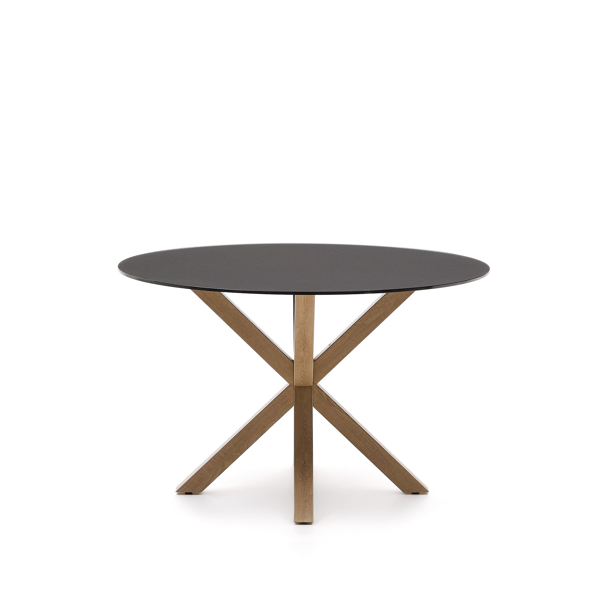 Argo round table in frosted black glass and wood effect steel legs, Ø 120 cm - Product Image
