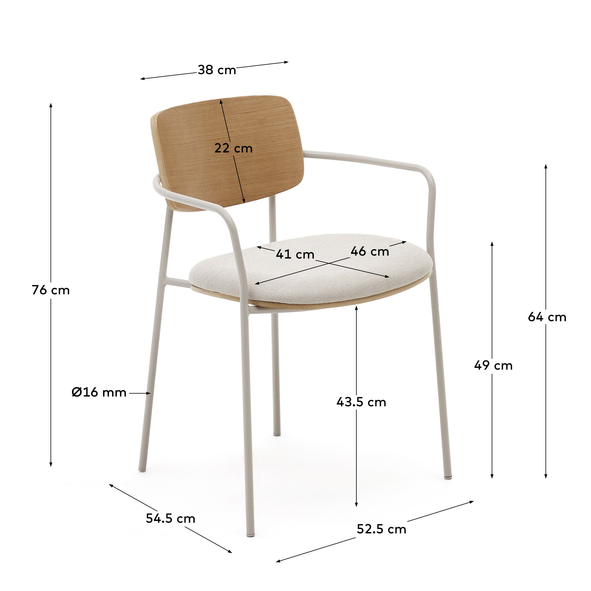 Maureen stackable chair in poplar plywood with light tone finish and beige metal legs, 100% FSC - Measurements