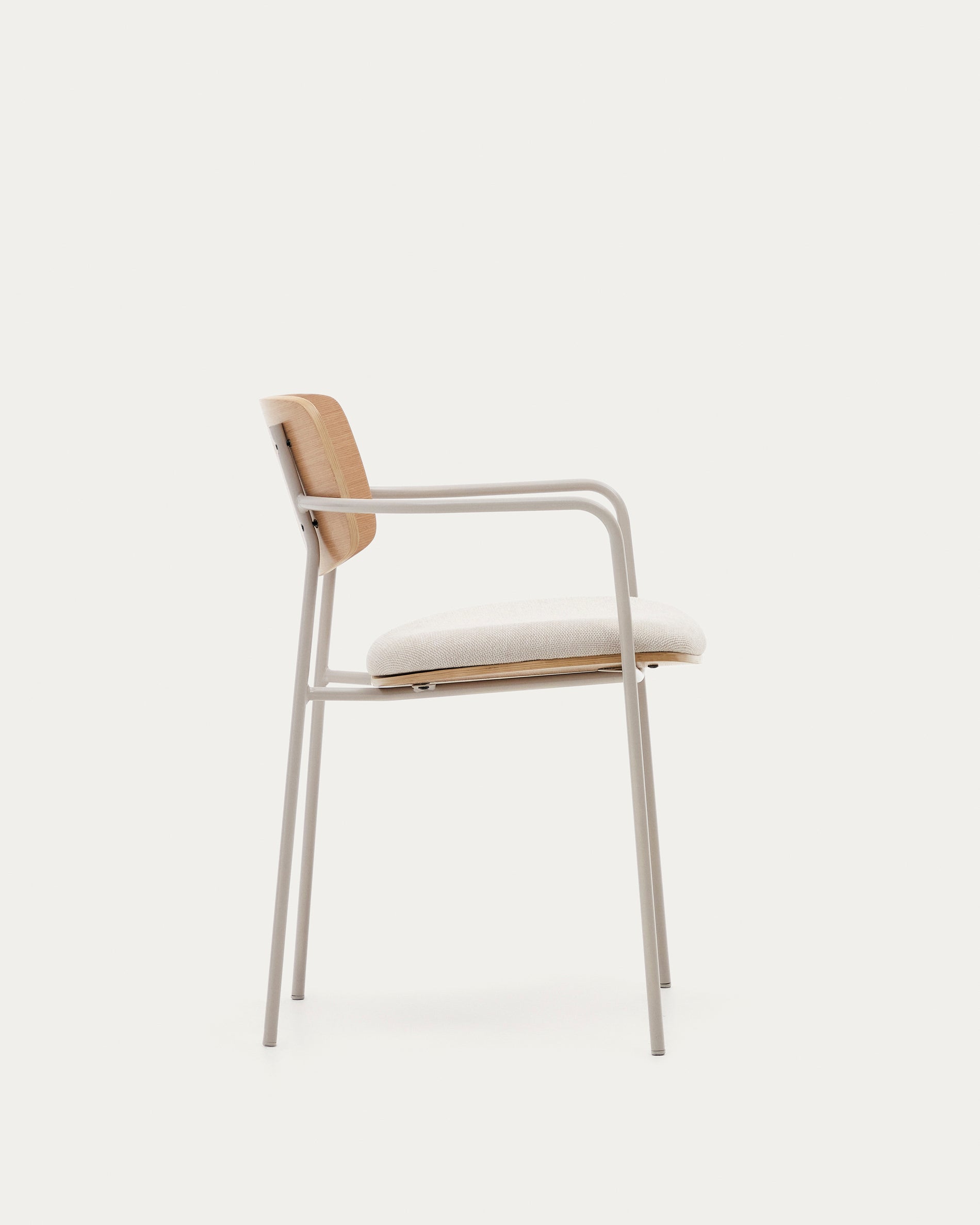 Maureen stackable chair in poplar plywood with light tone finish and beige metal legs, 100% FSC - Product View