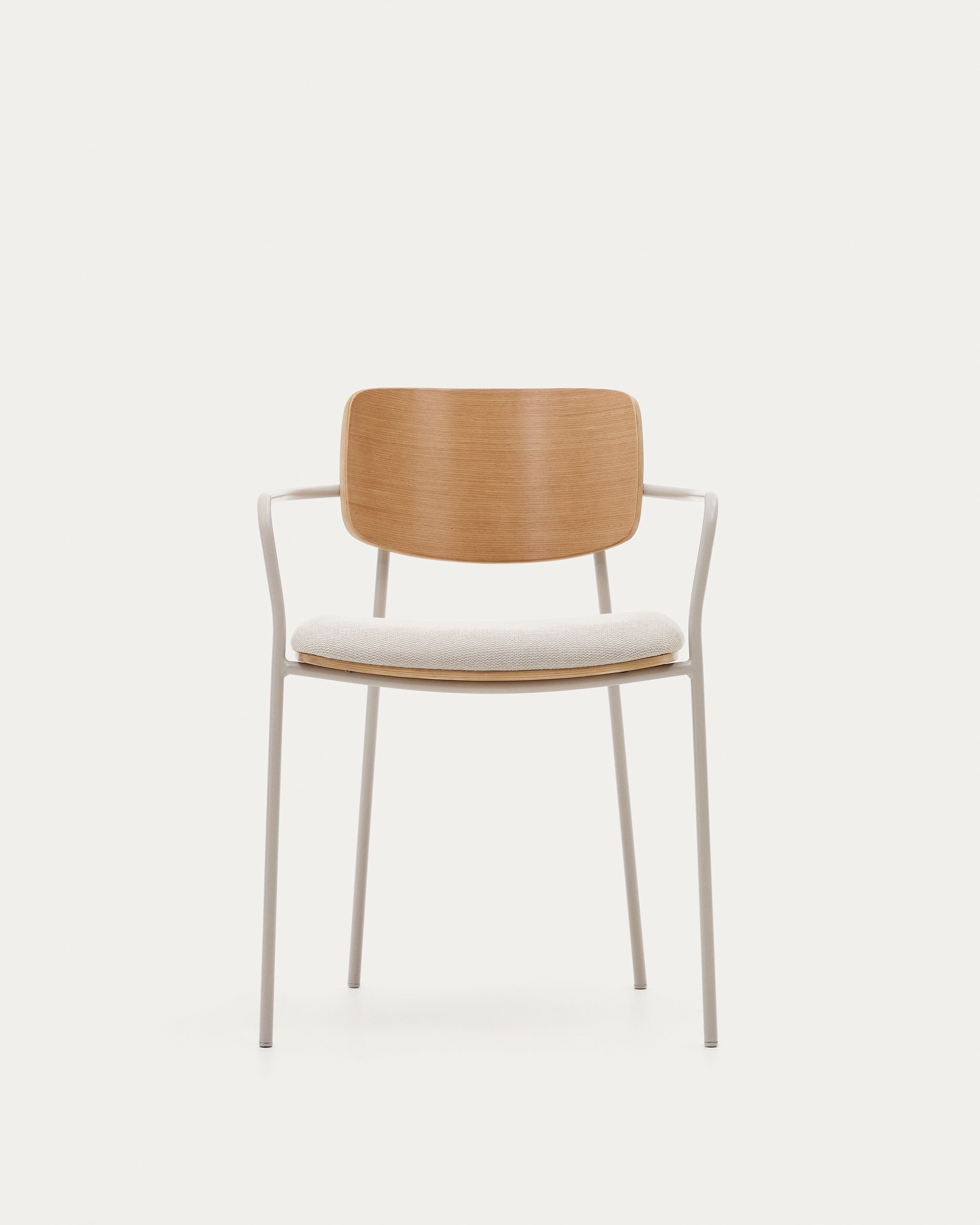 Maureen stackable chair in poplar plywood with light tone finish and beige metal legs, 100% FSC - Product View