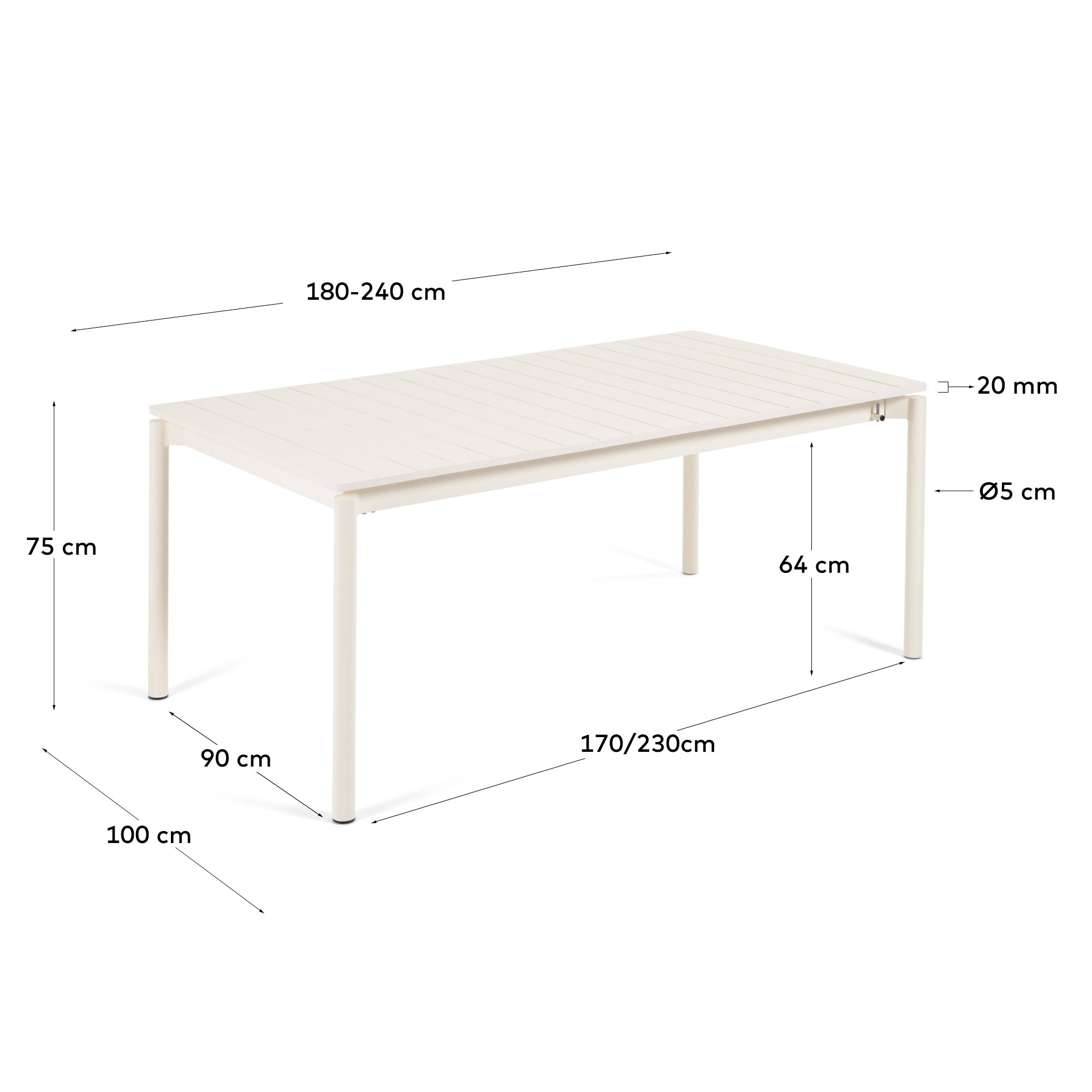 Zaltana extendable outdoor table made of aluminium in a light grey finish, 180 (240) x 100 cm - Measurements