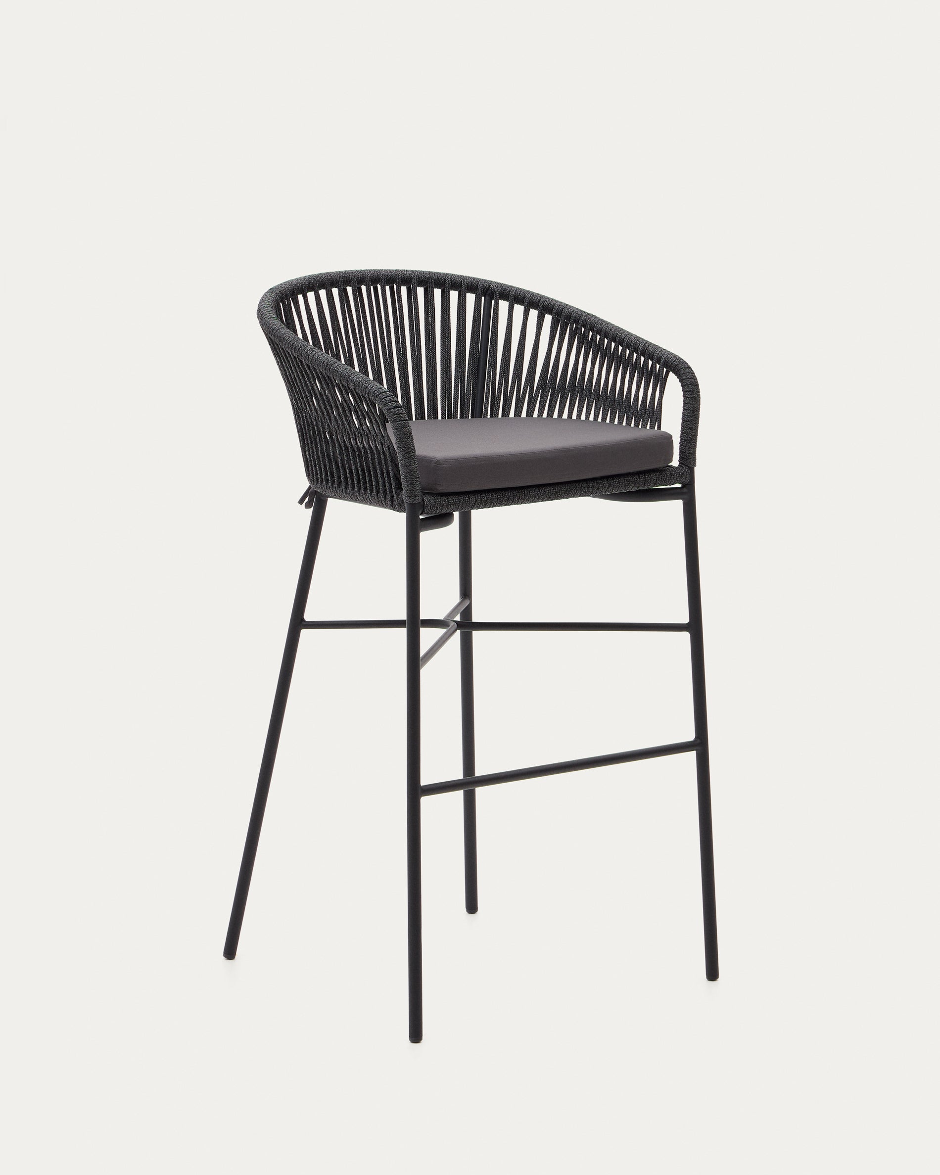 Yanet stool made from black cord and galvanised steel, height 80 cm - Product View