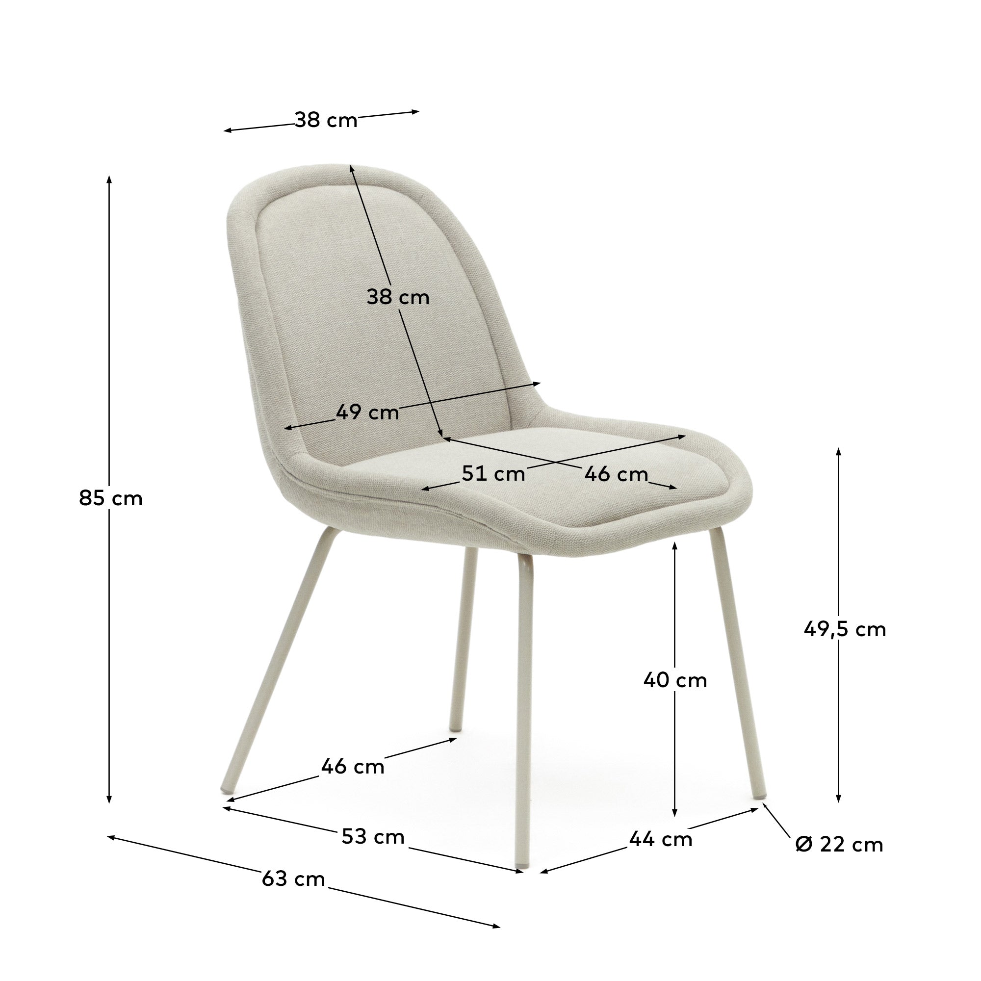 Aimin chair in beige chenille and steel legs with a matte beige painted finish FSC Mix Credit - Measurements