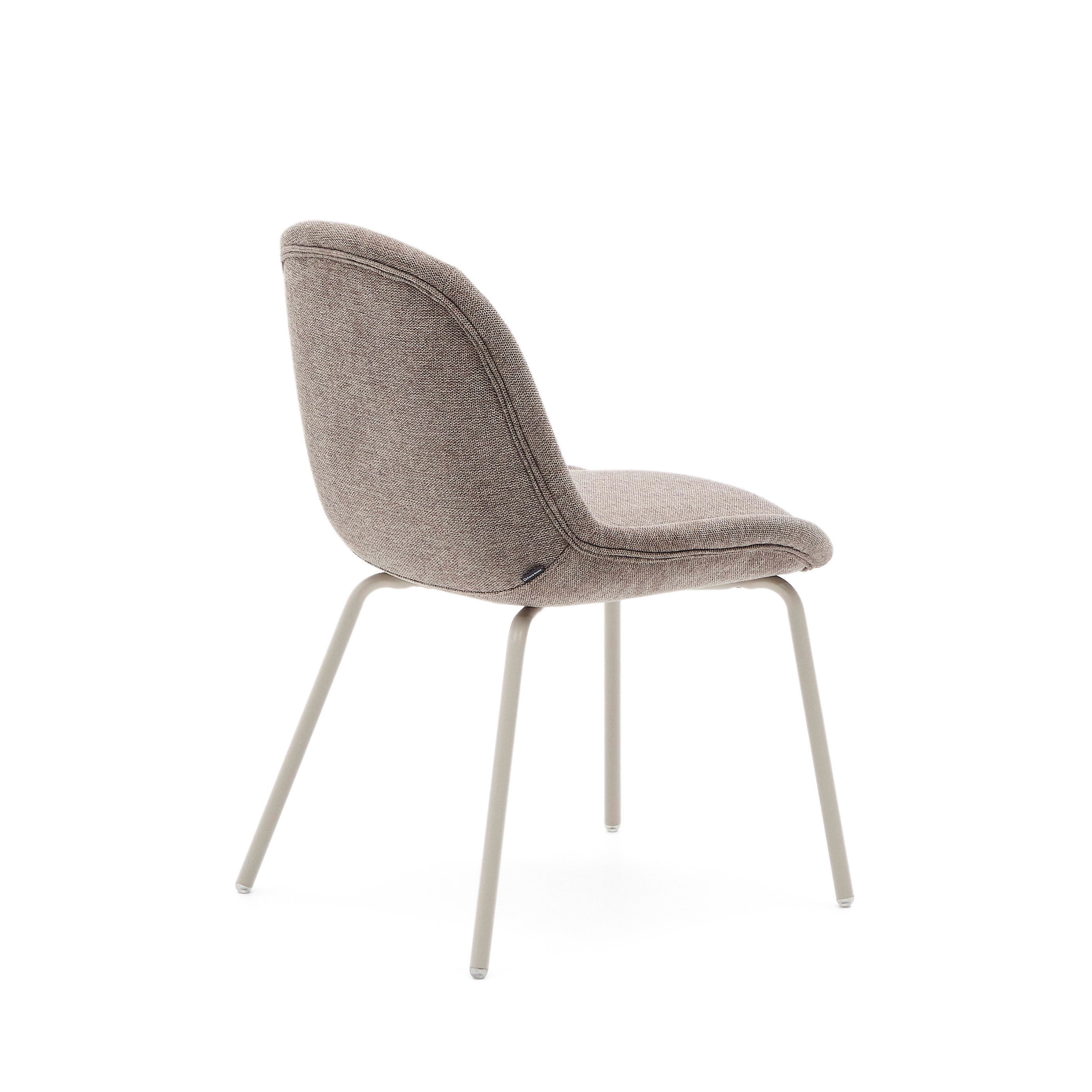 Aimin chair in brown chenille fabric with steel legs, matte beige painted finish, FSC Mix Credit