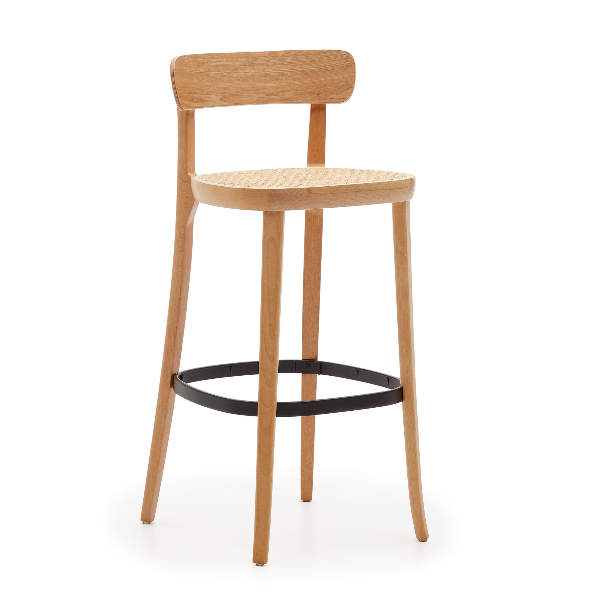 Romane stool beechwood stool with a natural finish, ash wood veneer and ratan seat 75 cm - Product Image