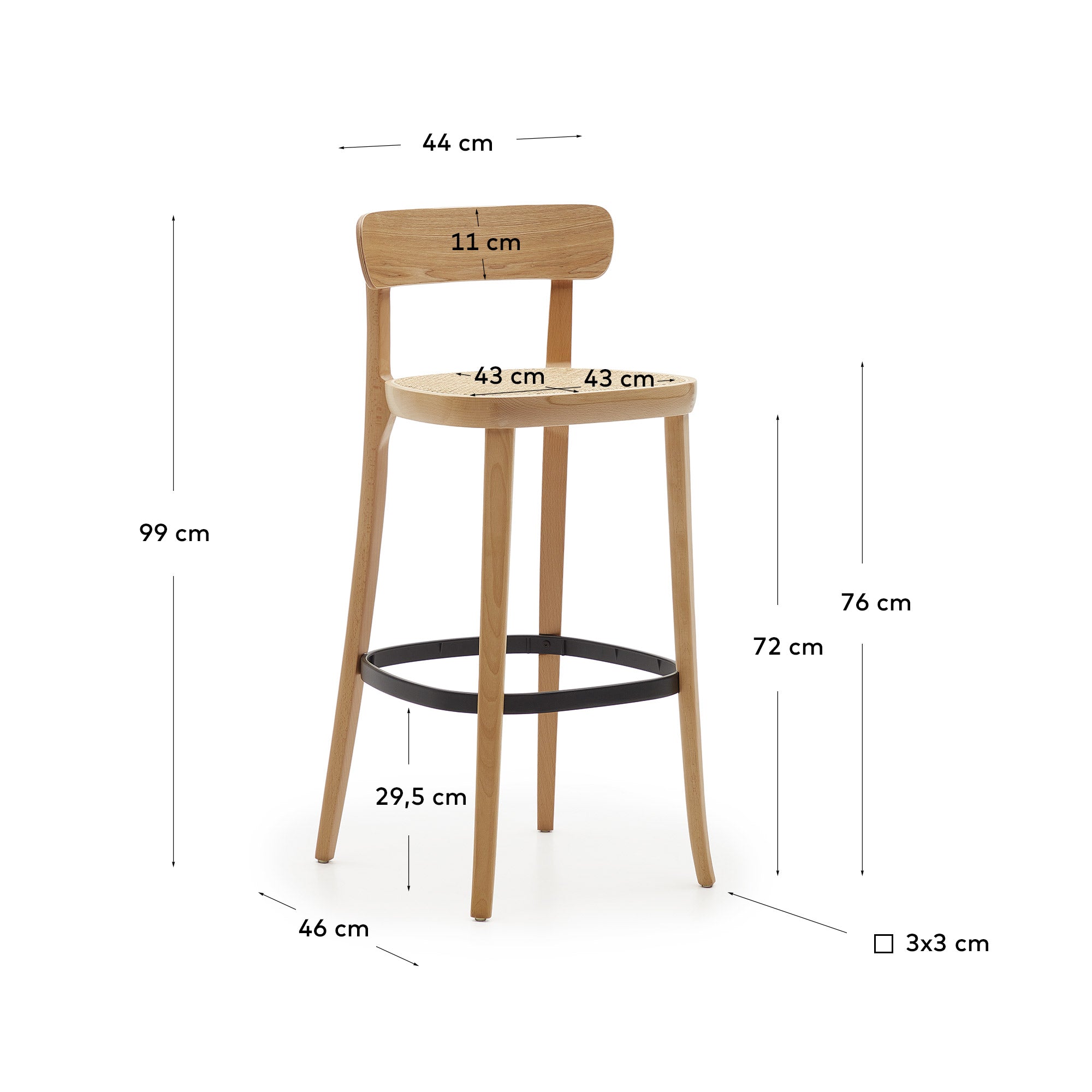 Romane stool beechwood stool with a natural finish, ash wood veneer and ratan seat 75 cm - Measurements