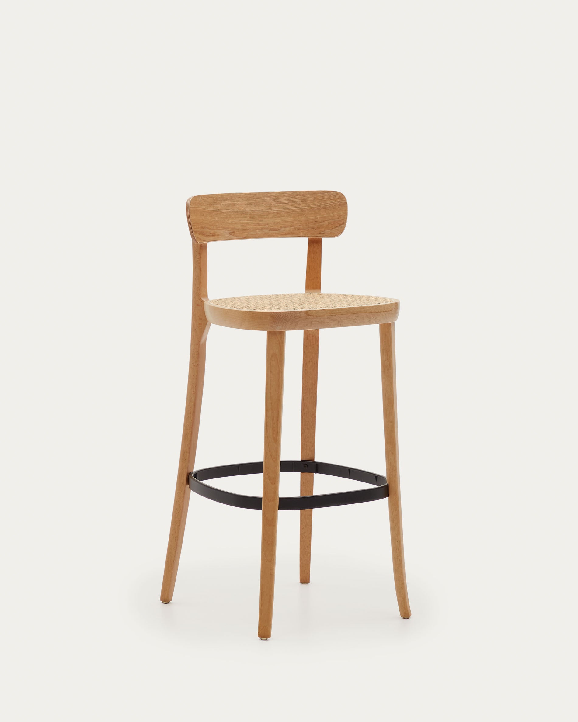 Romane stool beechwood stool with a natural finish, ash wood veneer and ratan seat 75 cm - Product View