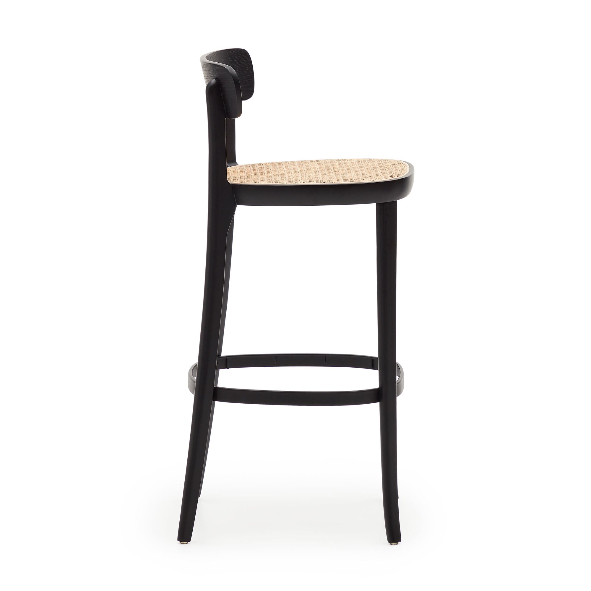 Romane beechwood stool with a black finish, ash wood veneer and ratan seat height 75 cm - Product Image