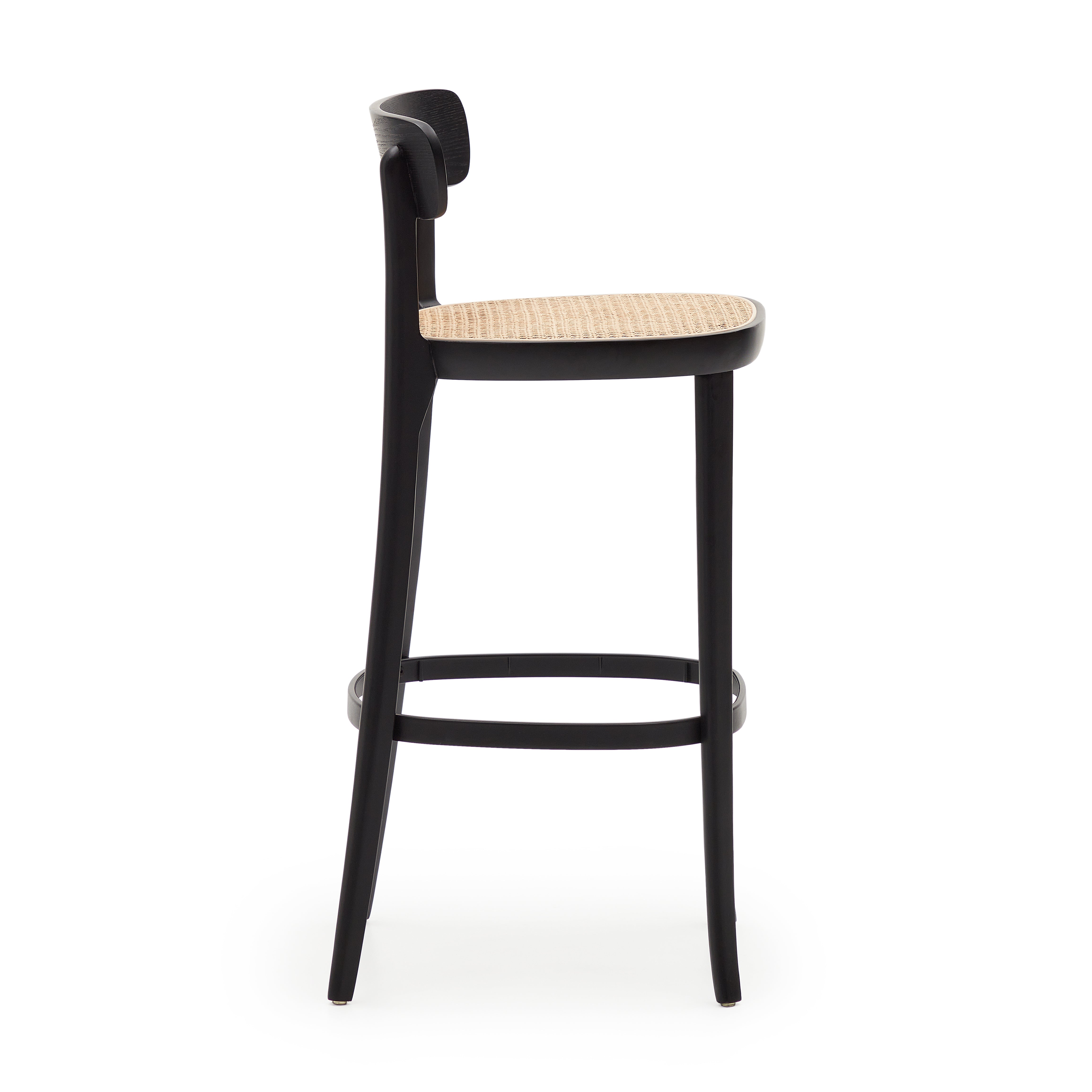 Romane beechwood stool with a black finish, ash wood veneer and ratan seat height 75 cm - Product Image
