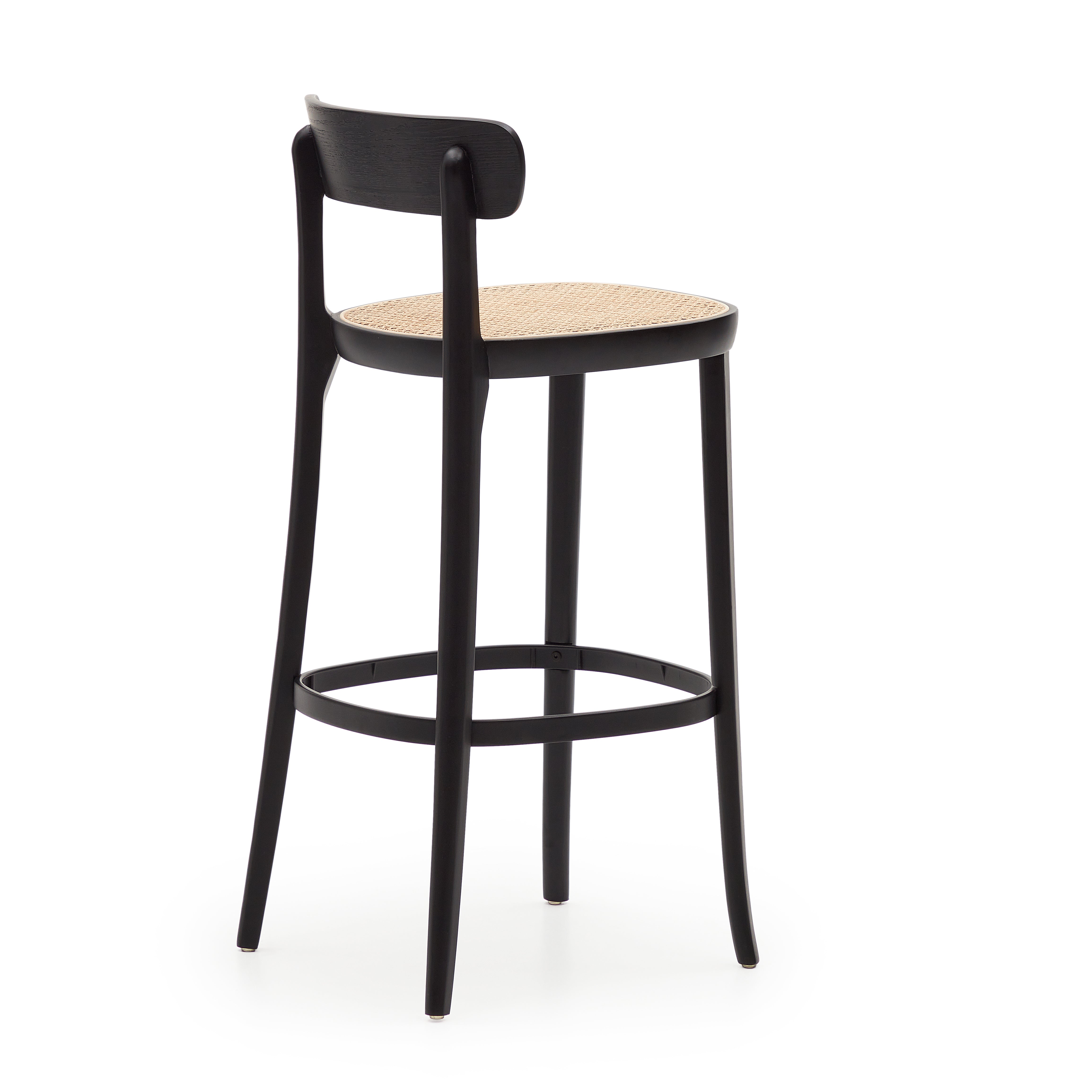 Romane beechwood stool with a black finish, ash wood veneer and ratan seat height 75 cm - Product Image