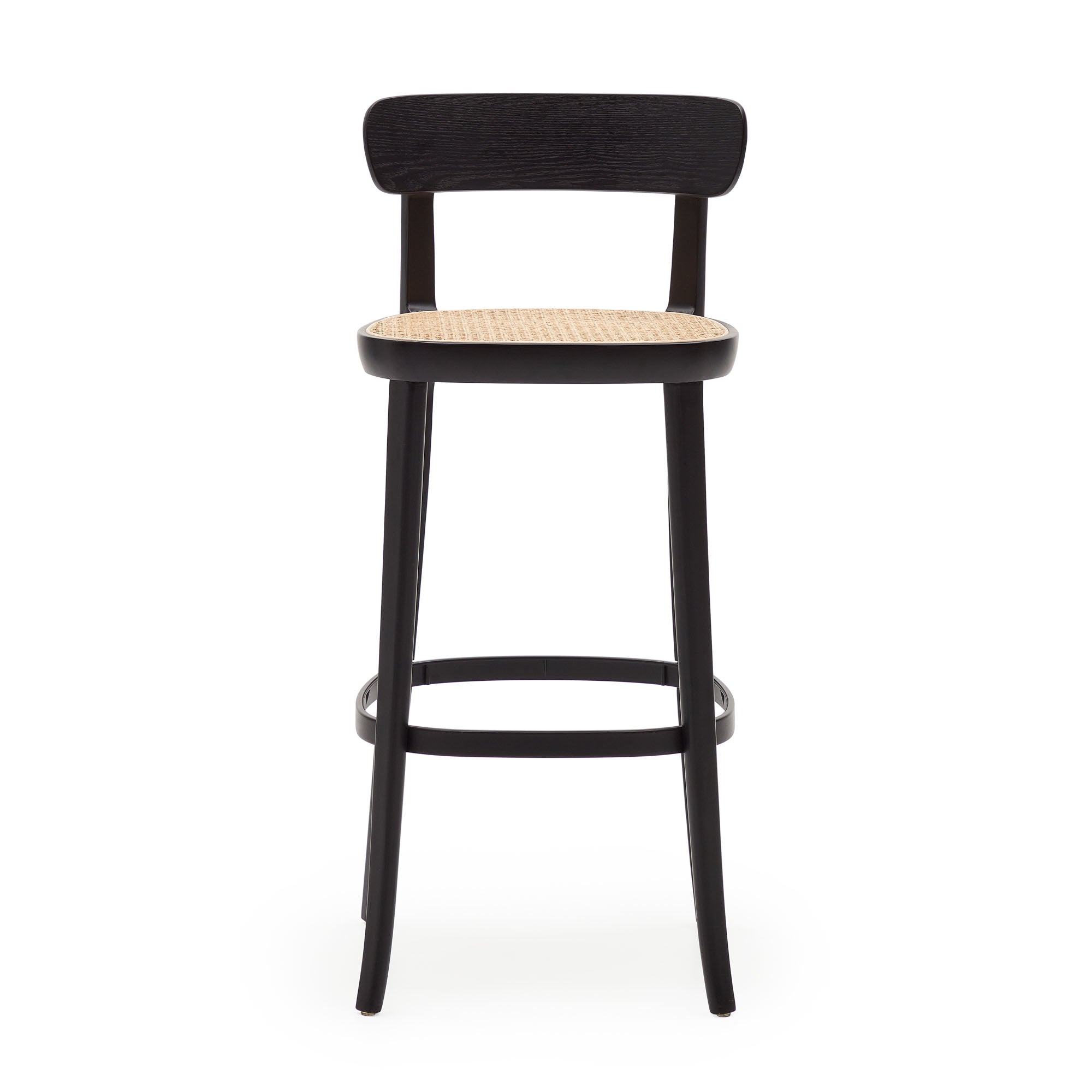 Romane beechwood stool with a black finish, ash wood veneer and ratan seat height 75 cm - Product Image