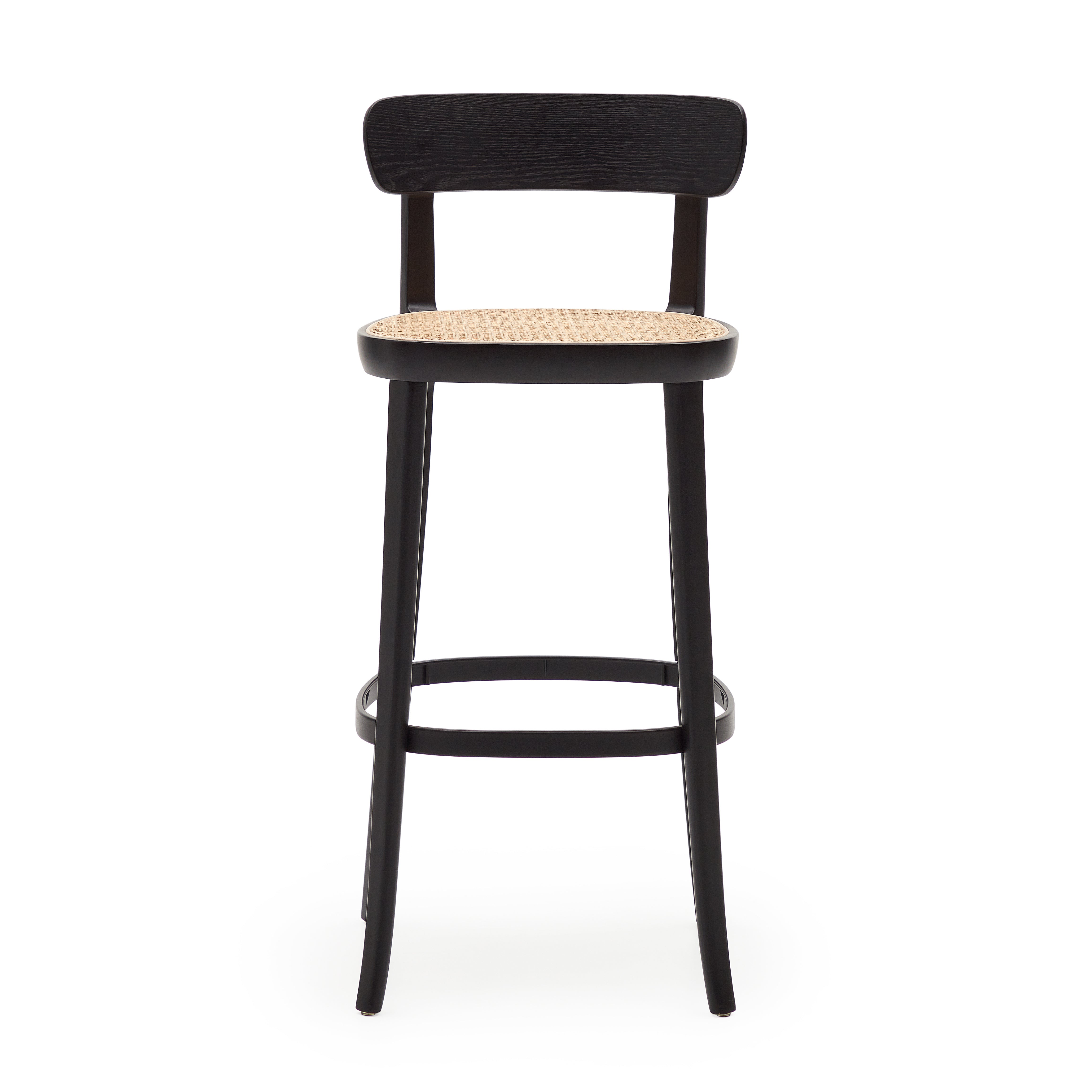 Romane beechwood stool with a black finish, ash wood veneer and ratan seat height 75 cm - Product Image
