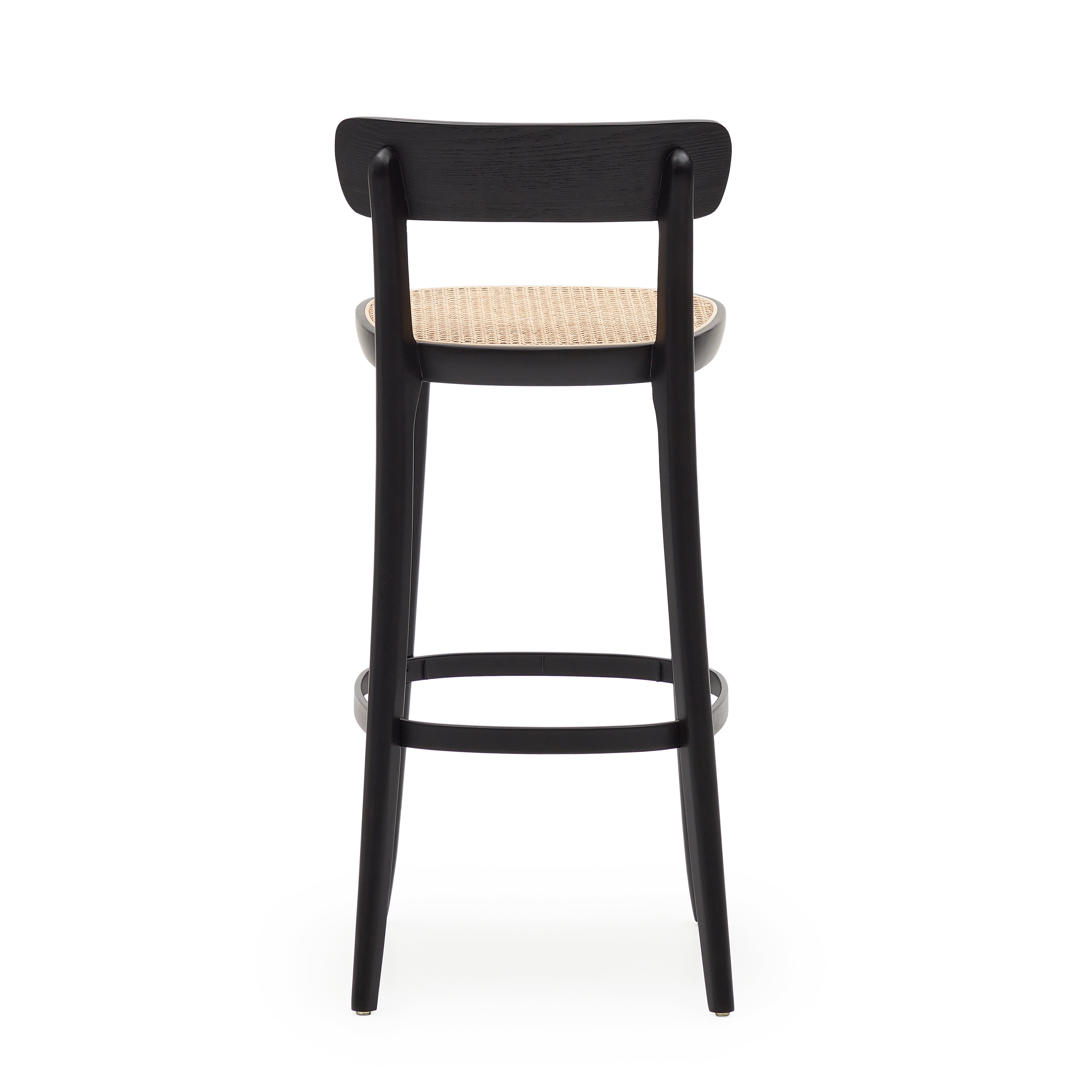Romane beechwood stool with a black finish, ash wood veneer and ratan seat height 75 cm - Product Image